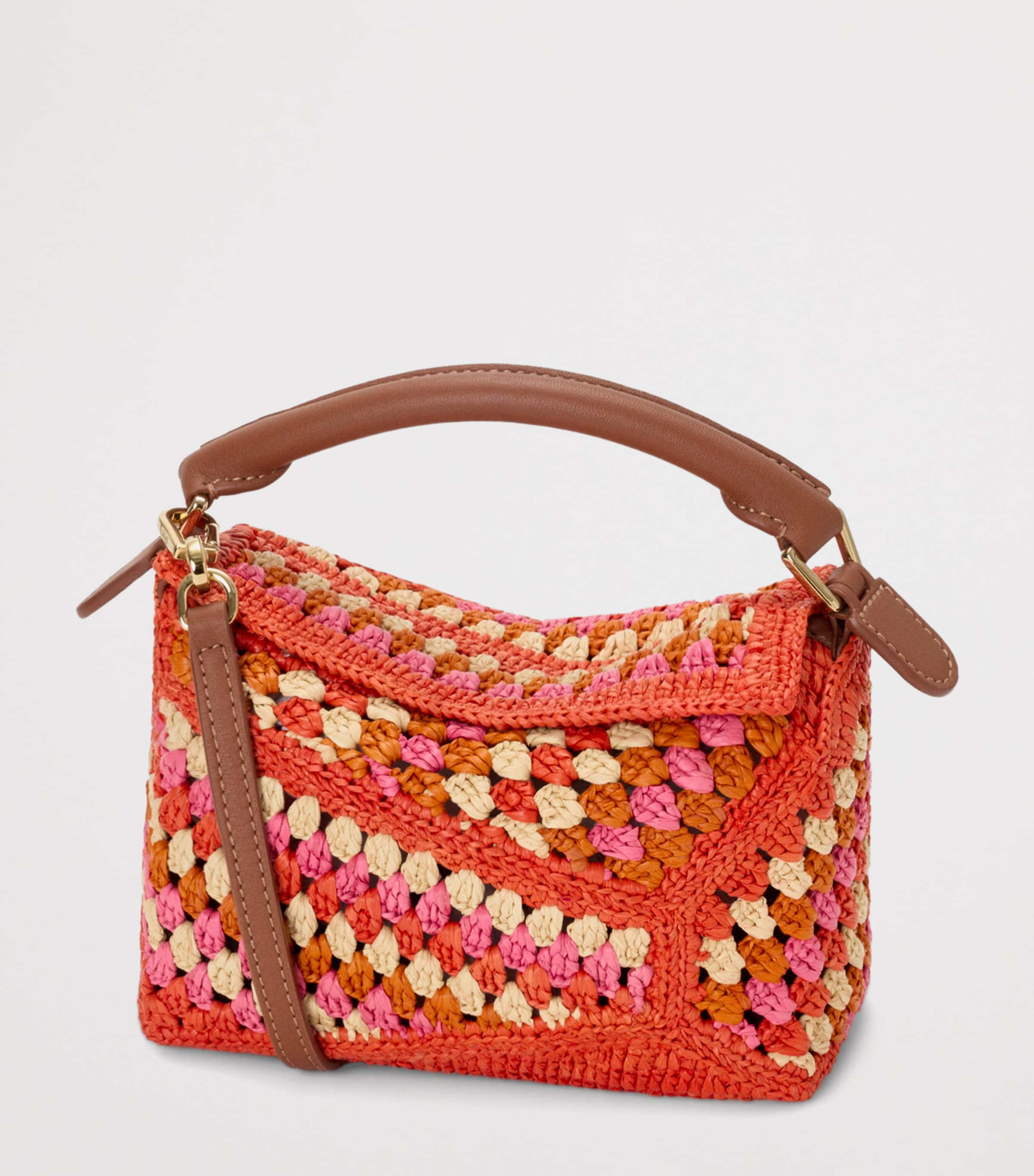 LOEWE x Paula's Ibiza Mini Crochet Puzzle Edge Top Handle Bag Bright Orange/pink Image 2