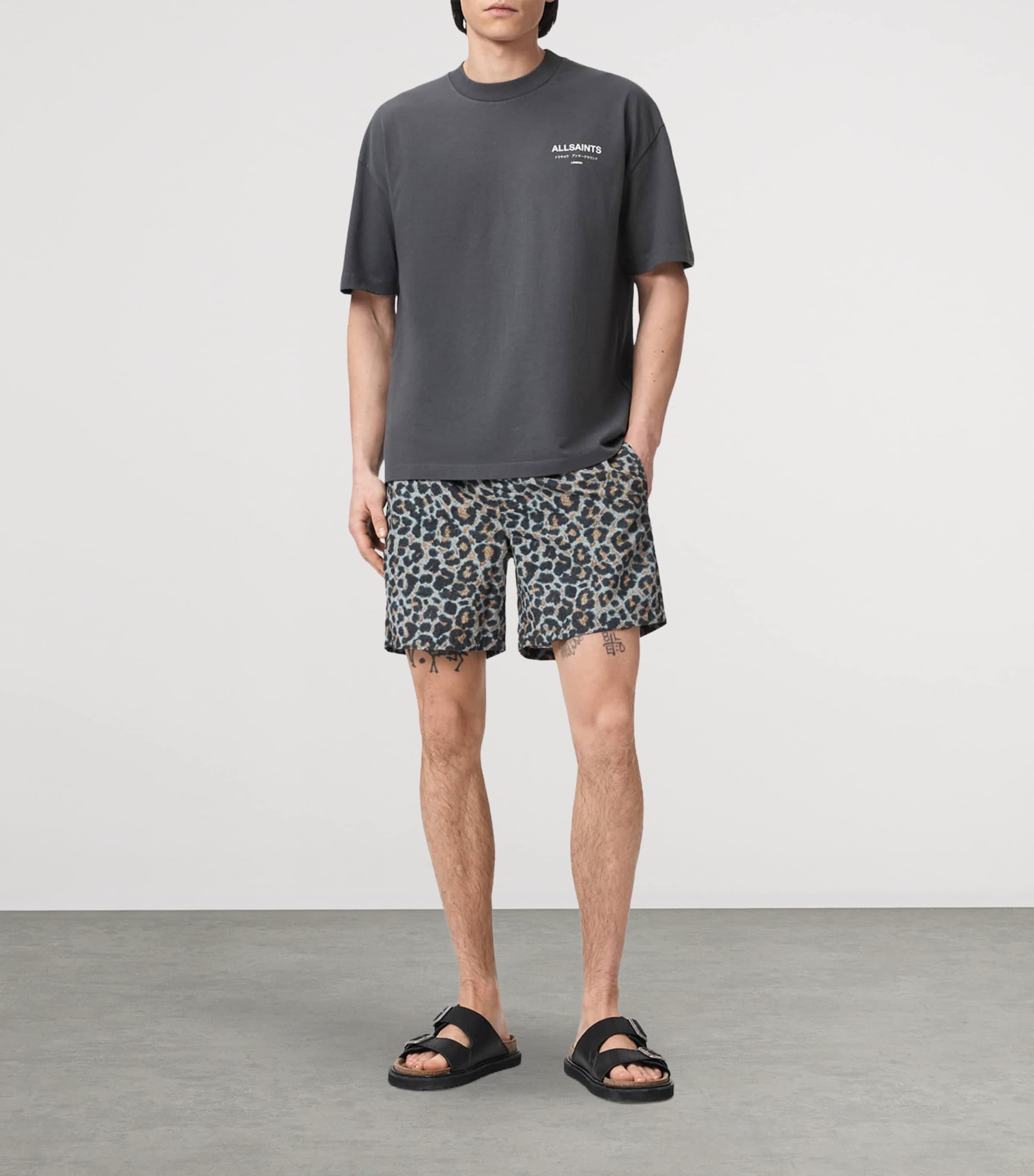 AllSaints Mens Leopard Print Silesia Swim Shorts Clouded Grey Image 2