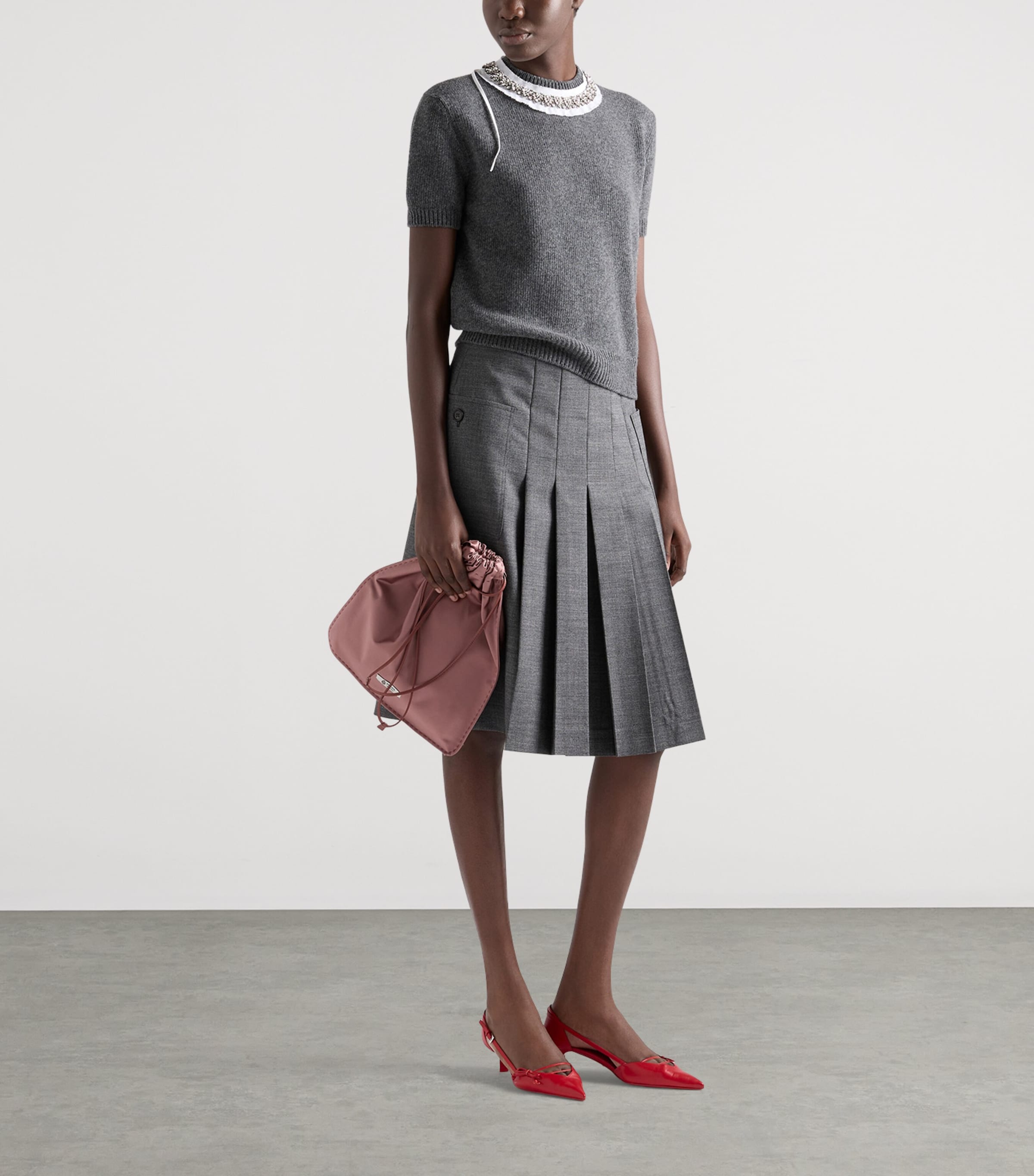 Prada Womens Wool Rush Pleated Midi Skirt Grey Image 2