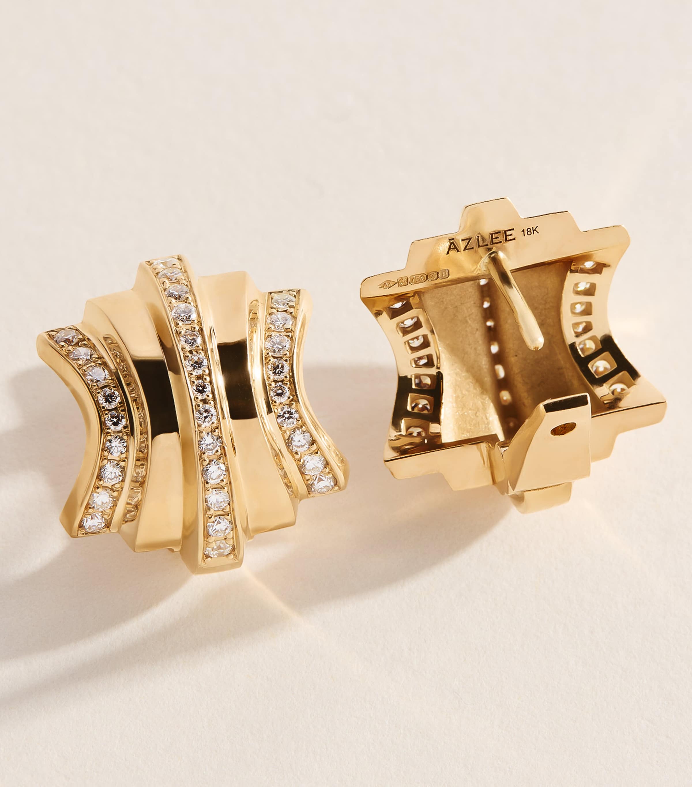 Azlee Large Yellow Gold and Diamond Fluid Staircase Scattered Earrings Yellow Gold Image 5