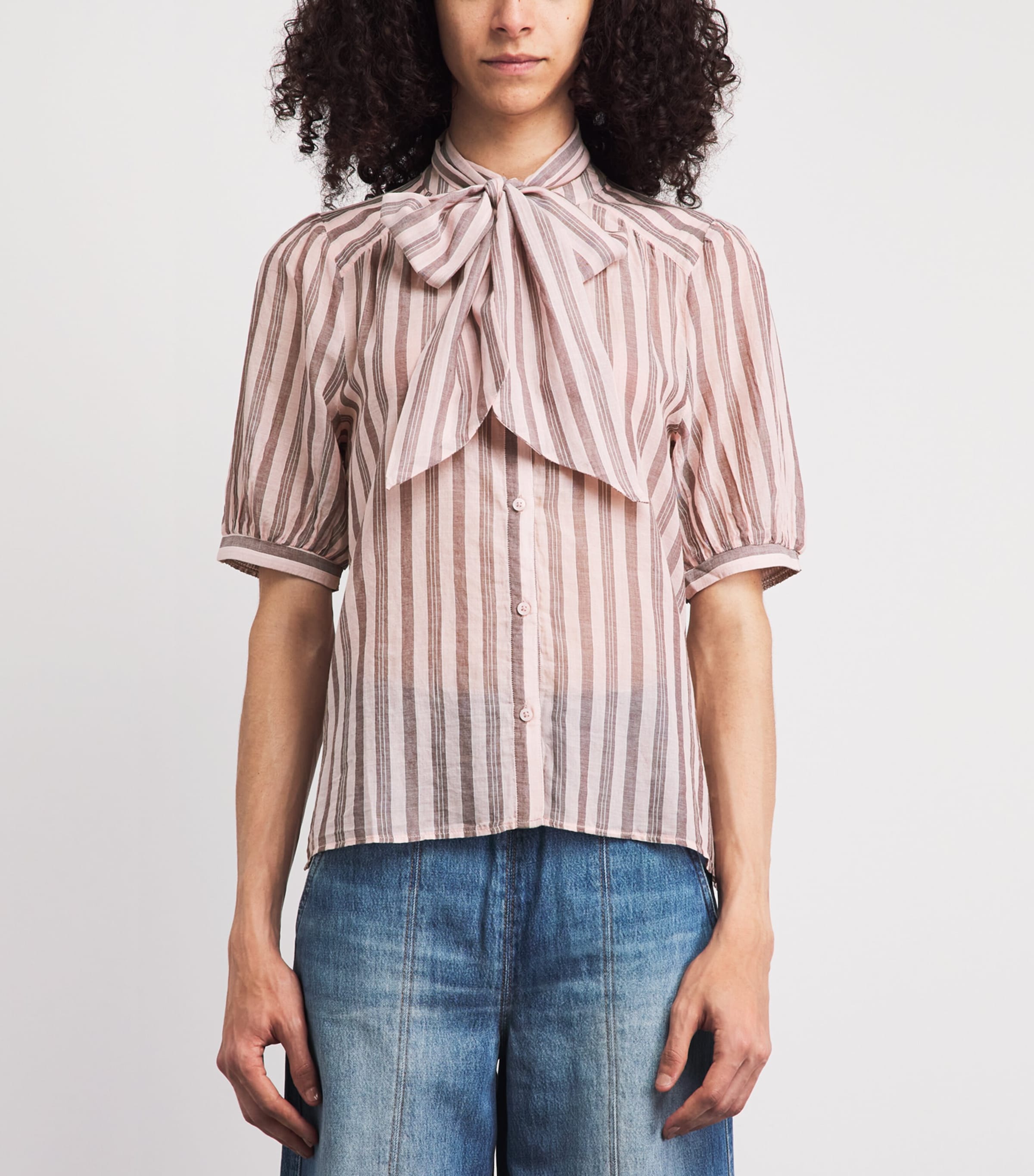 ME+EM Womens Cotton Voile Pussybow Blouse Pink Multi Image 4