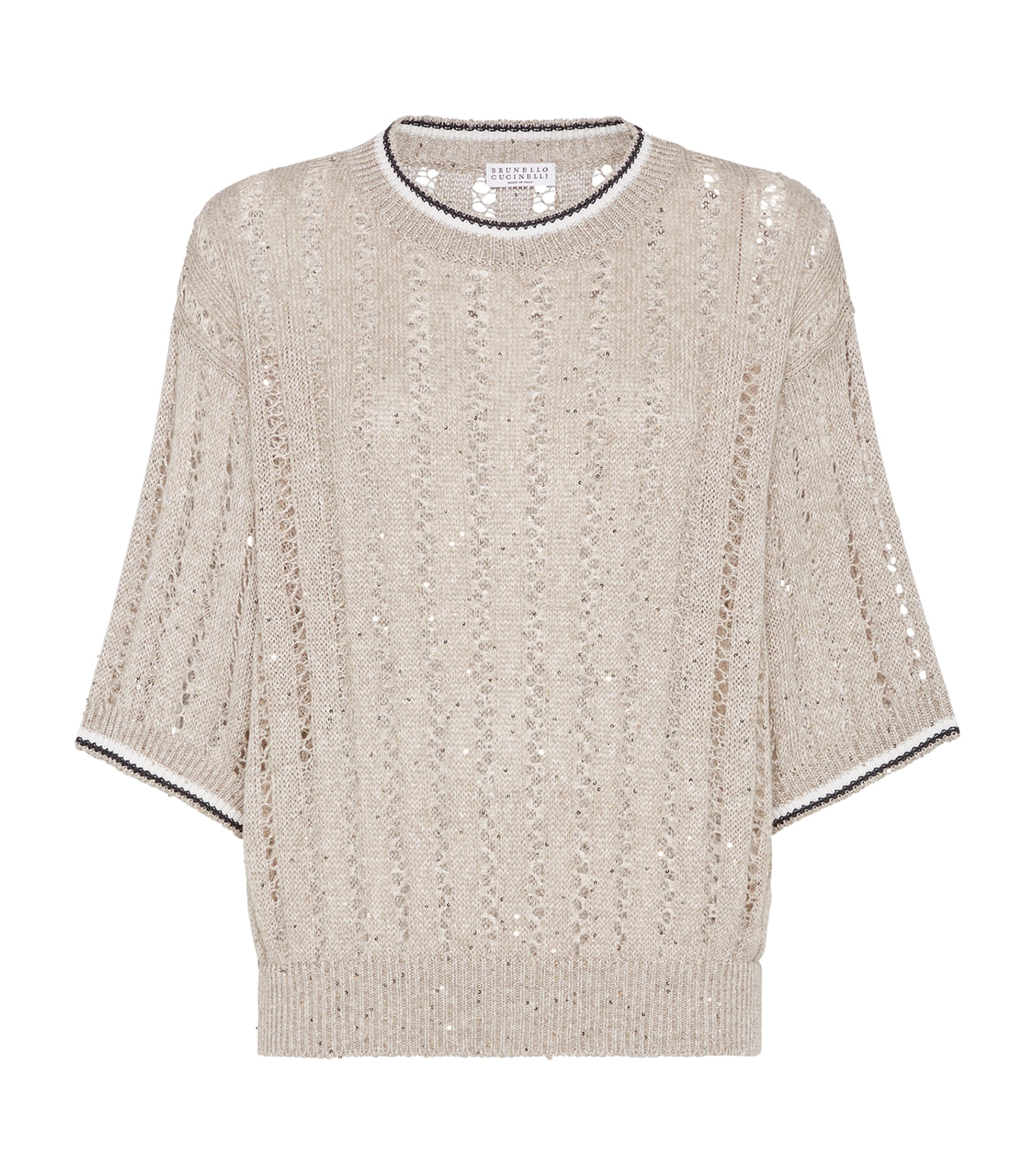 Brunello Cucinelli Sequined Open-knit Linen-blend Top In Beige