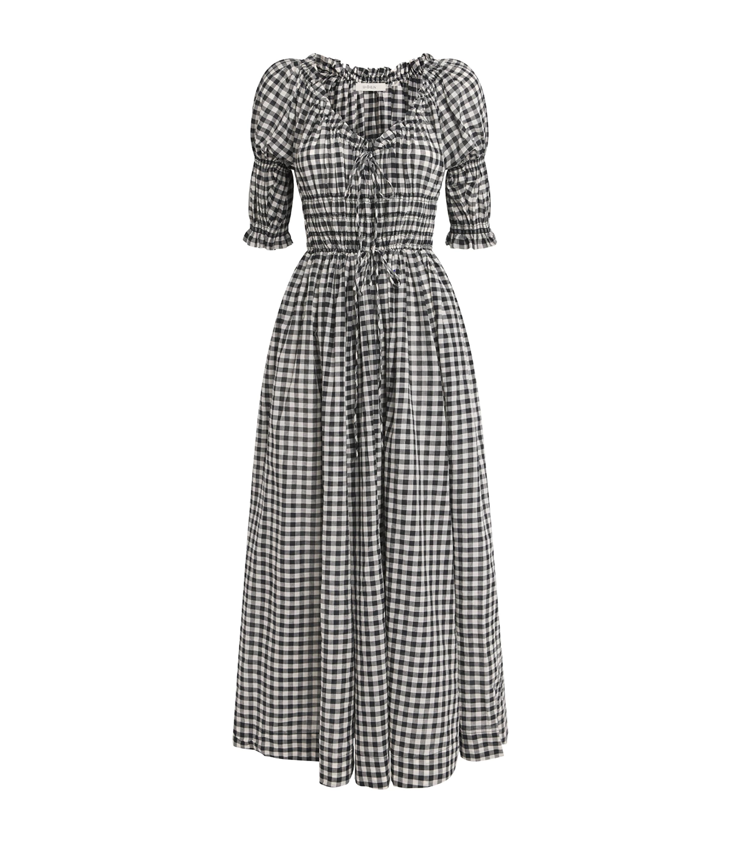 Doen Ischia Shirred Gingham Cotton-voile Midi Dress In Black