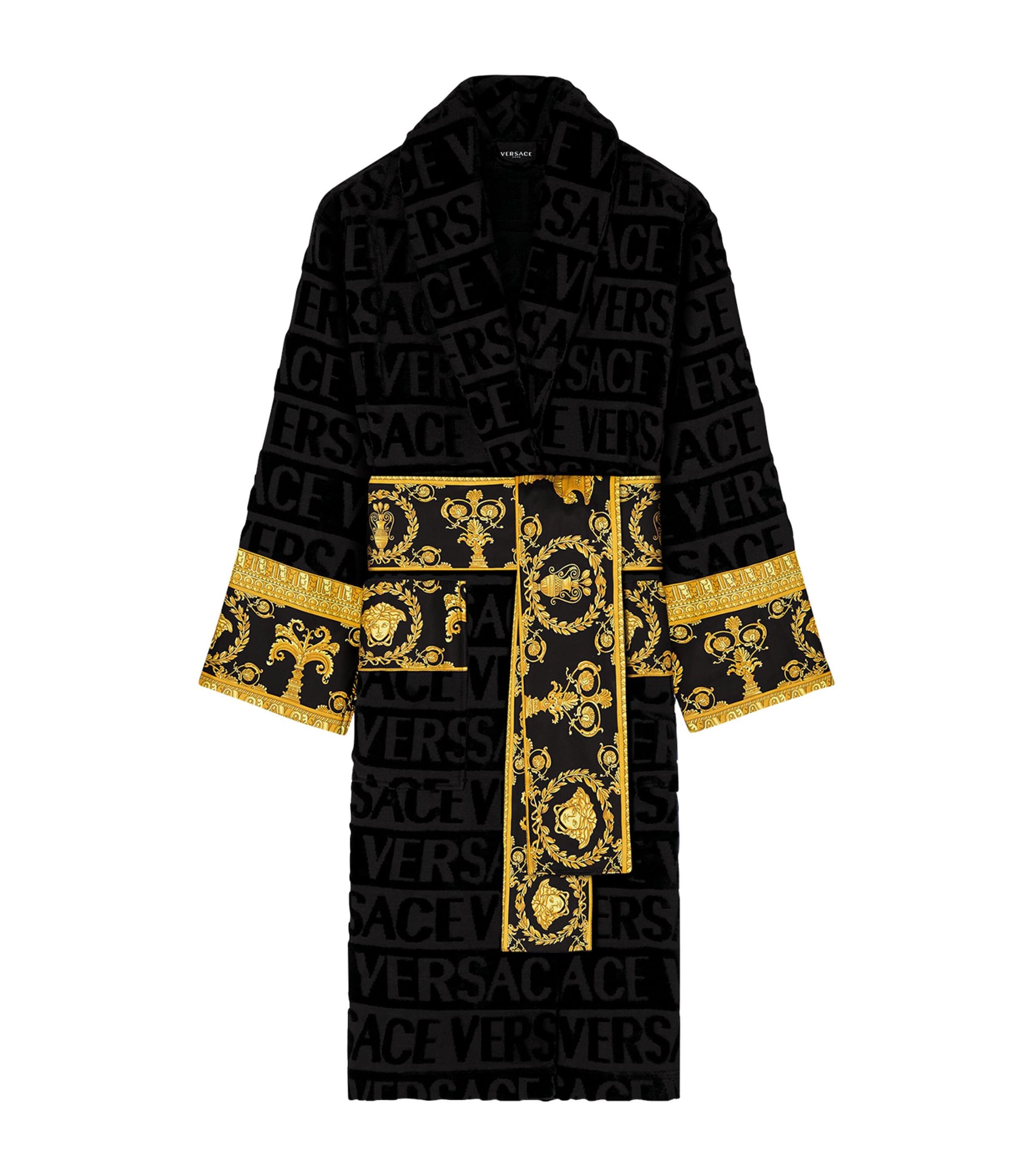 Versace Cotton Baroque Dressing Gown In Black