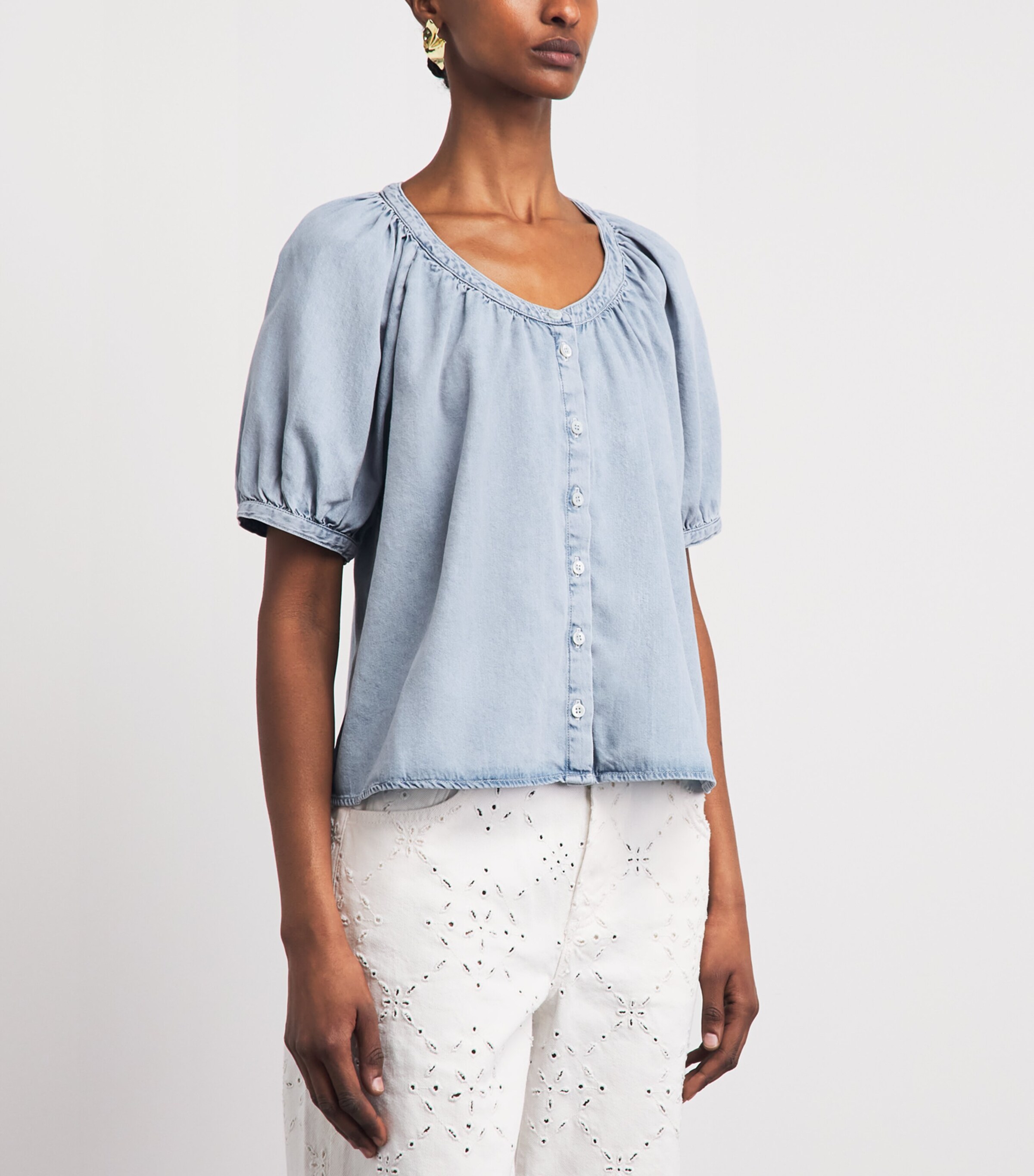 FRAME Womens Denim Scoop-Neck Blouse Seashade Image 4