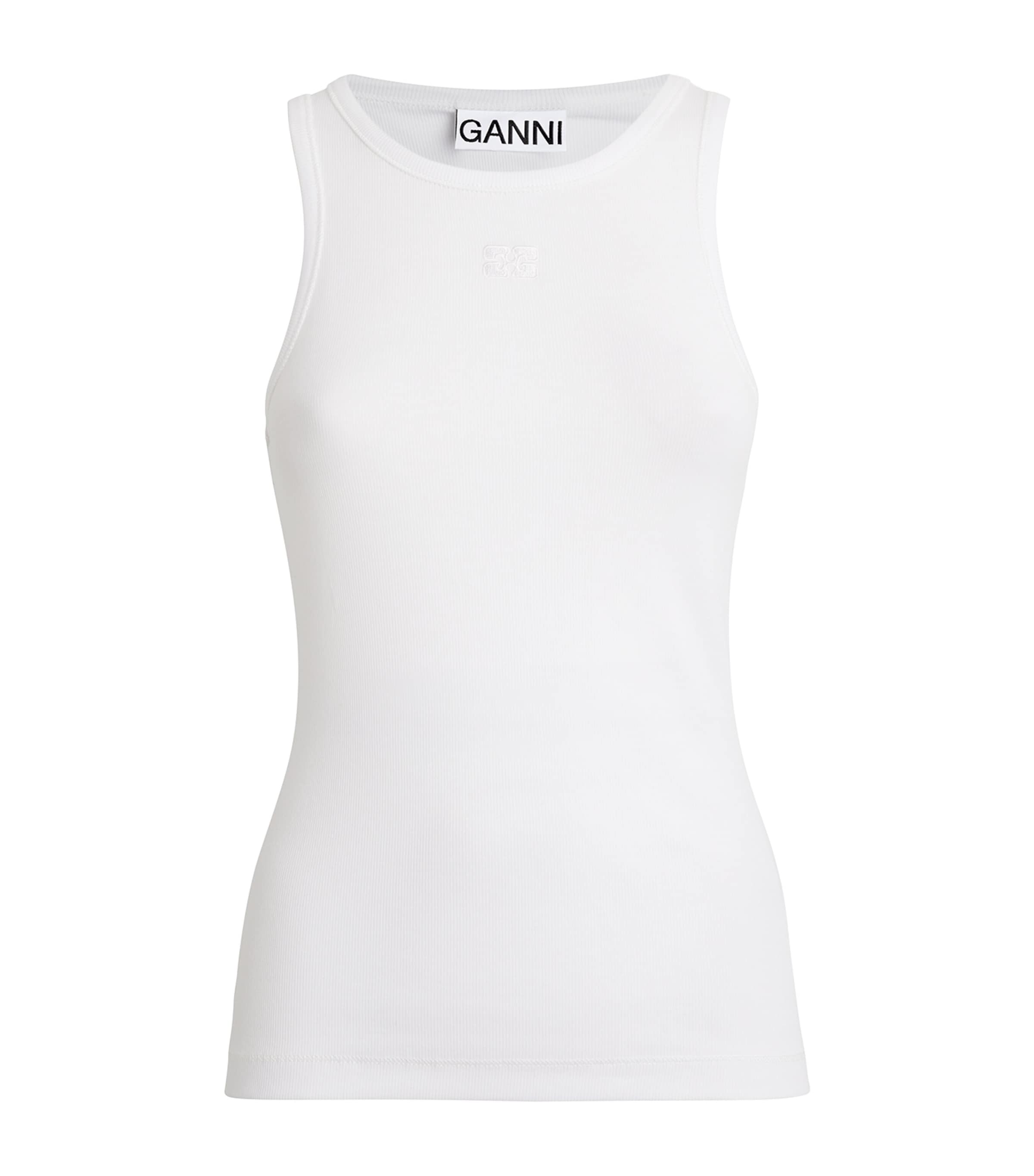 Shop Ganni Stretch-cotton Logo Tank Top In White