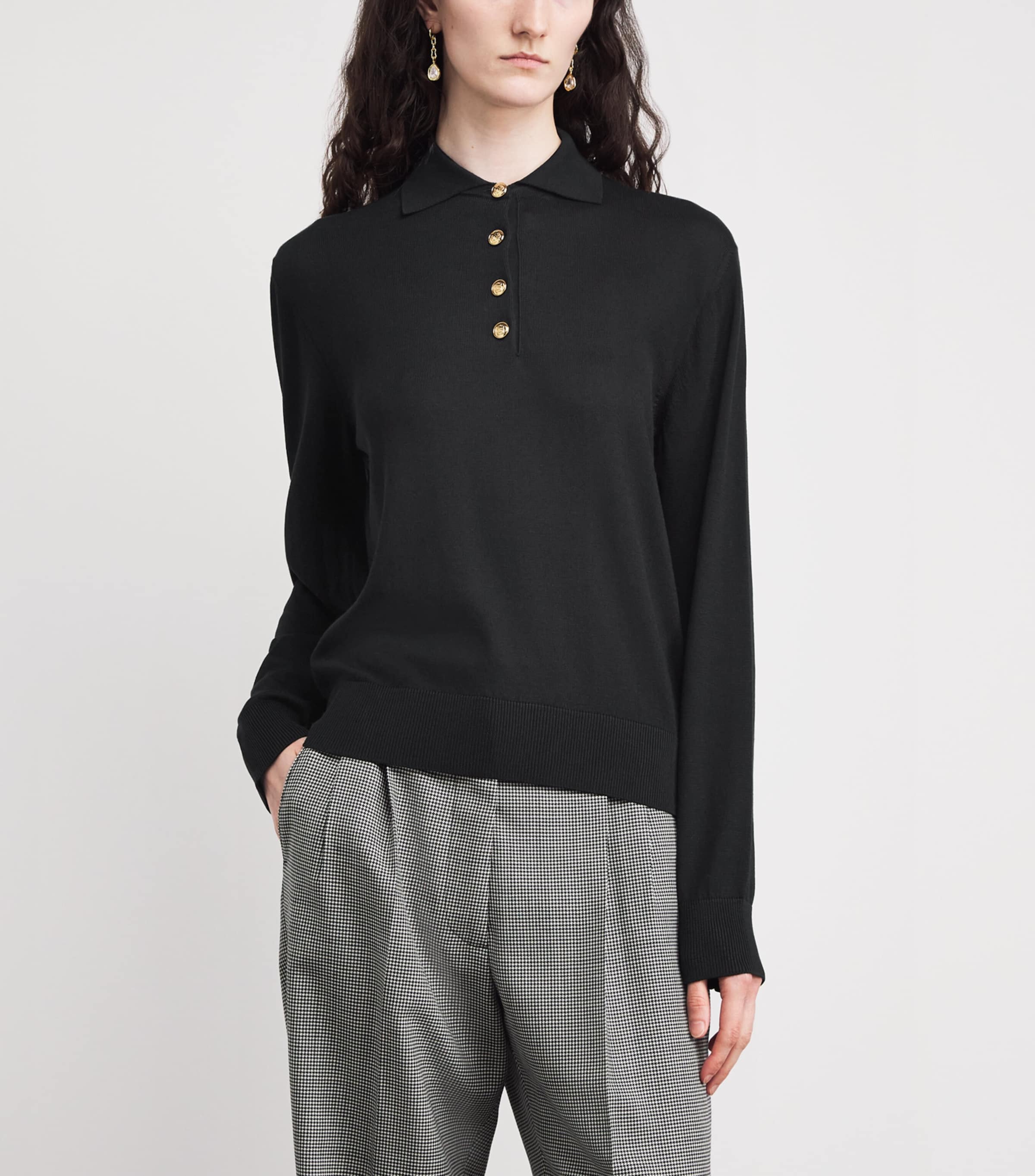 Silk-Cotton Polo Long-Sleeve T-Shirt N000 BLACK Image 3