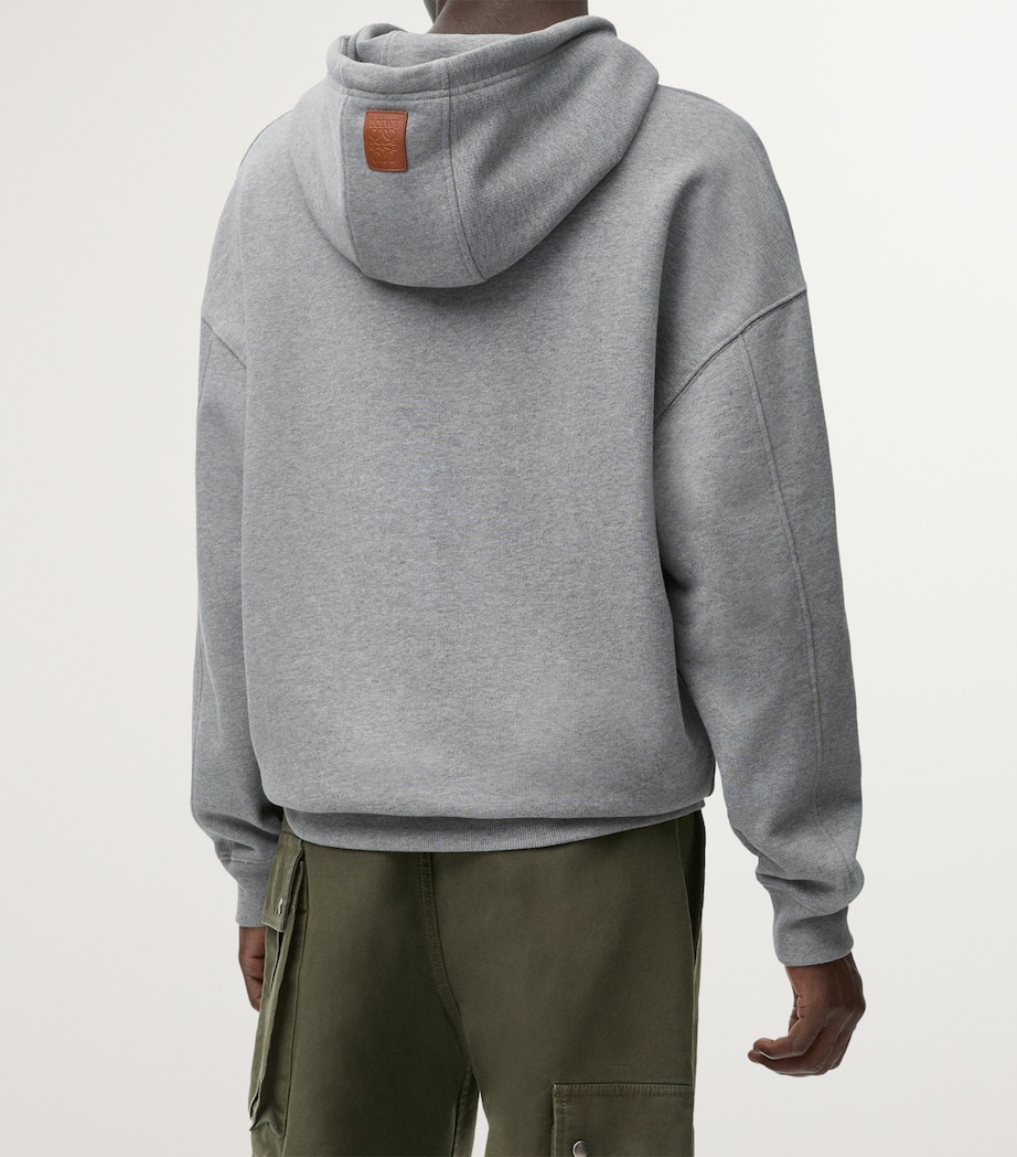LOEWE Mens Cotton-Blend Leather-Anagram Hoodie Grey Melange Image 4
