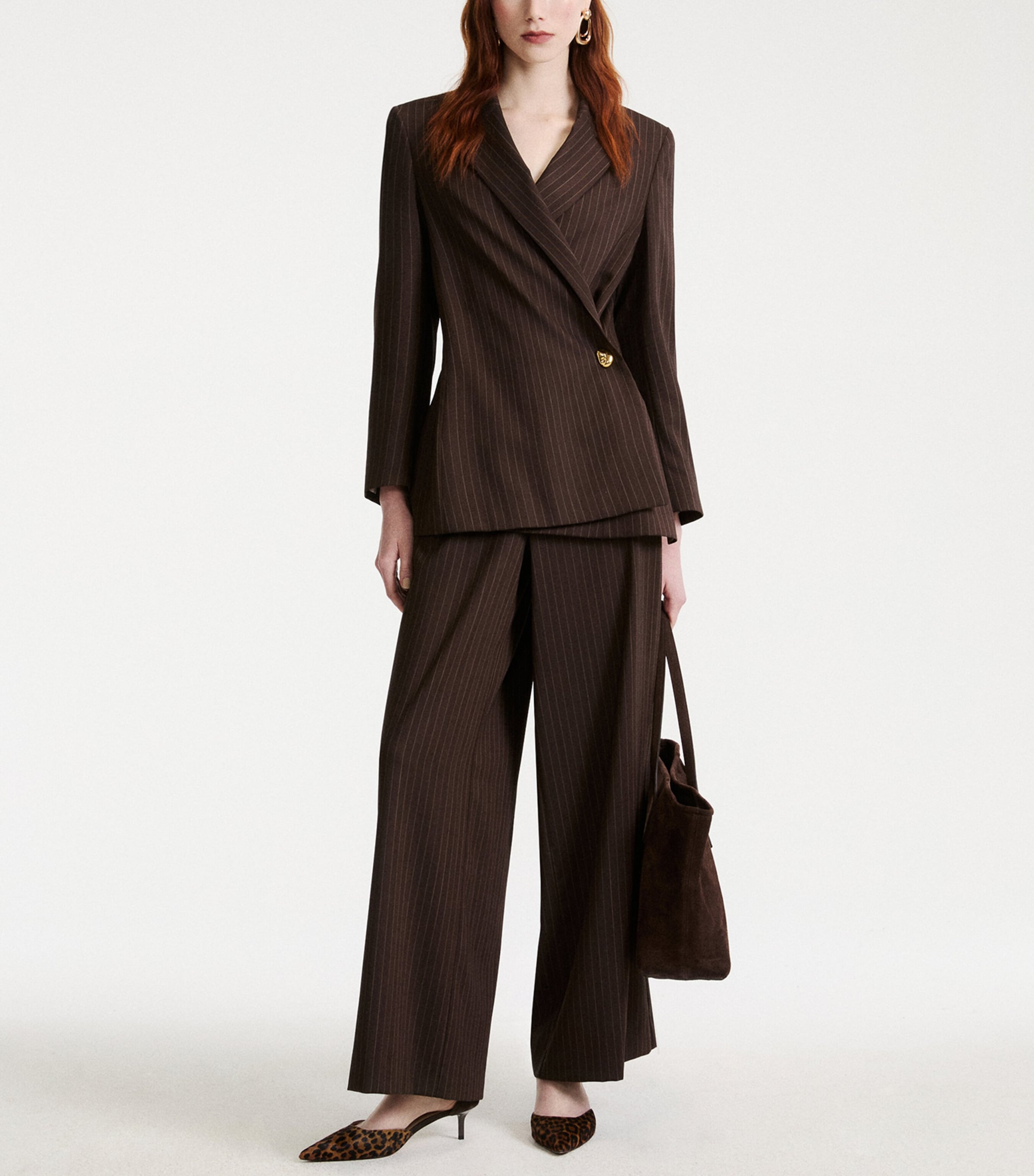 Marella Womens Wool-Blend Pinstripe Wide-Leg Trousers Brown Image 2