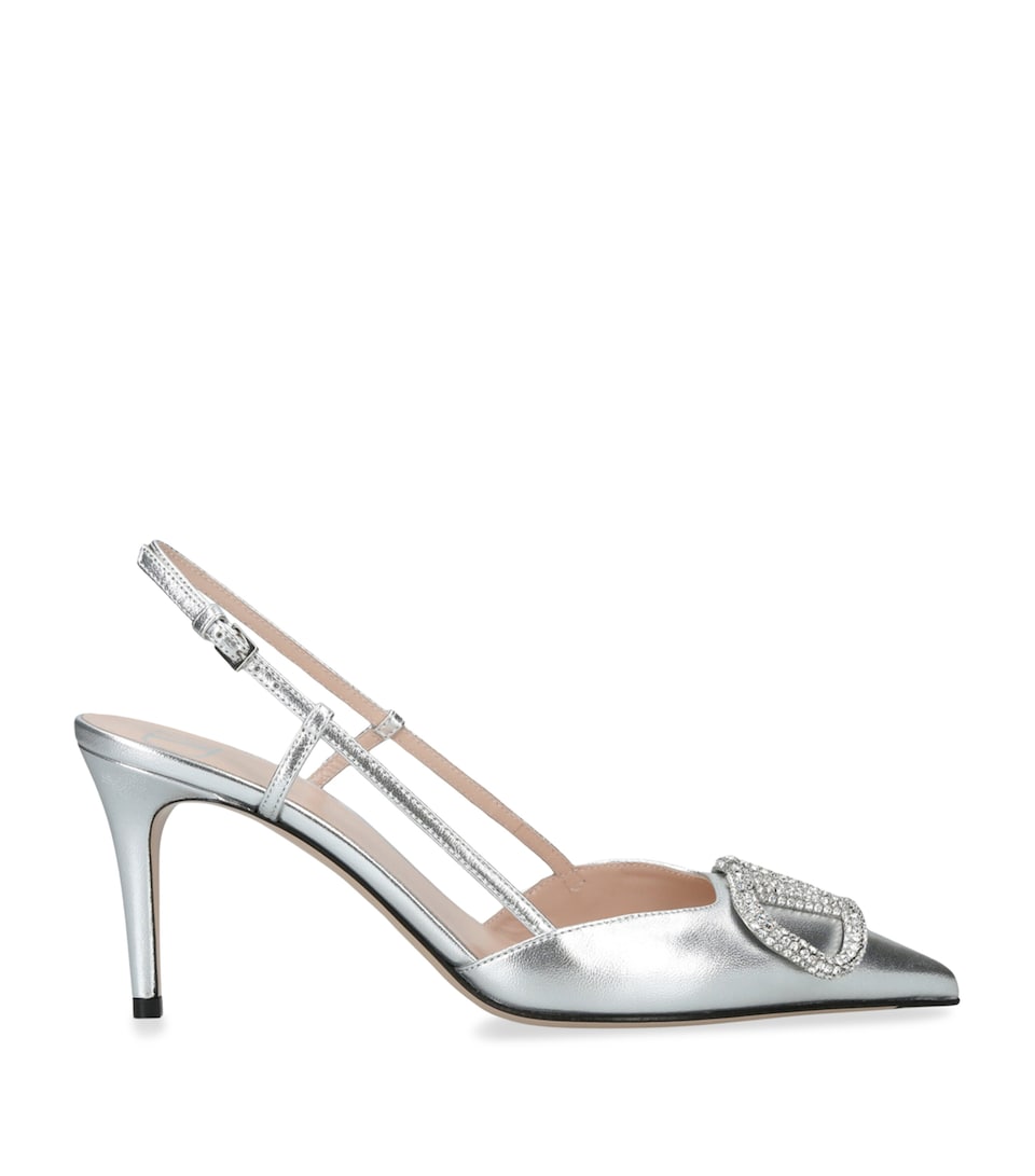 Valentino Garavani Leather Embellished VLogo Slingback Pumps 80 Silver