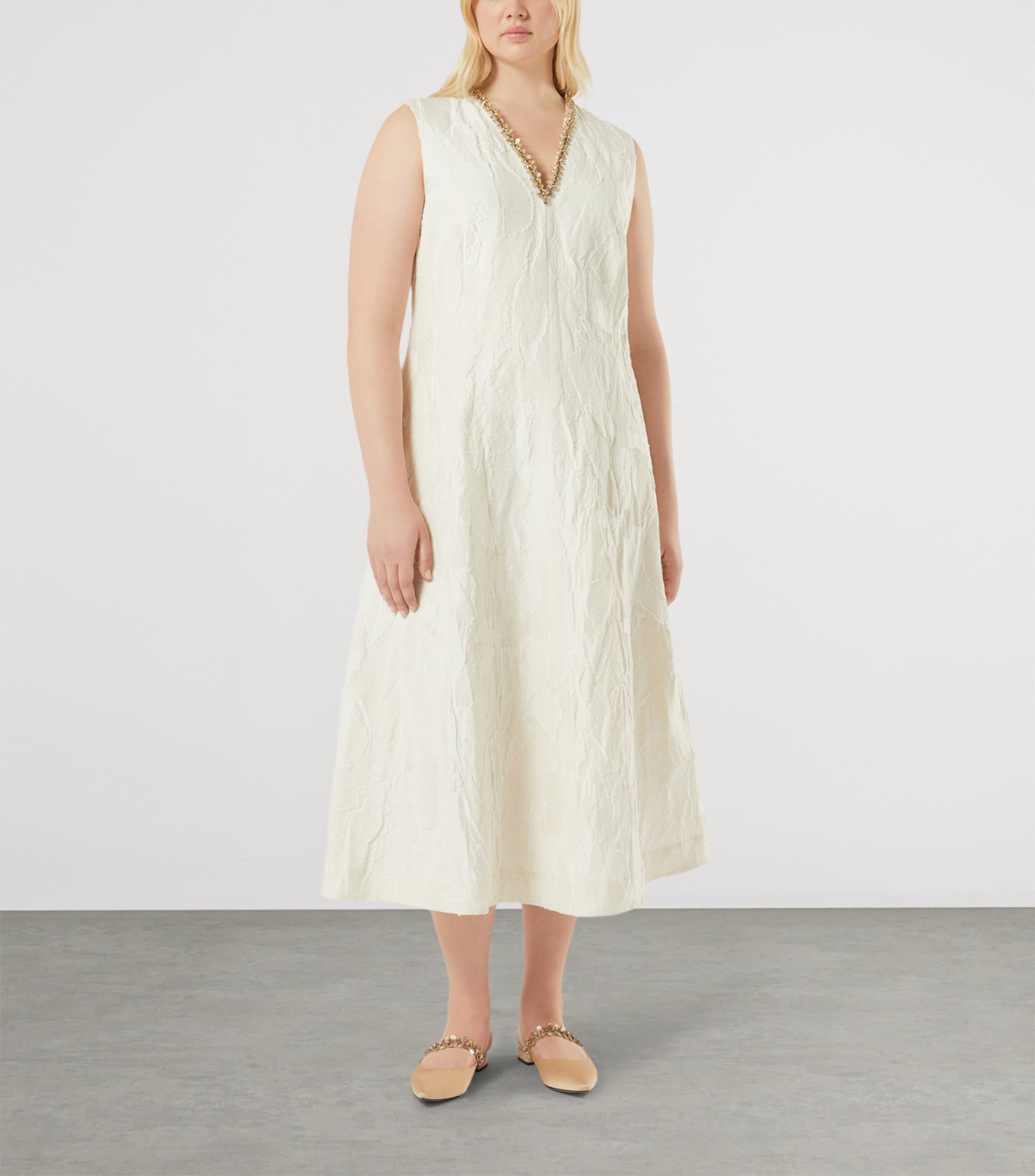 Marina Rinaldi Womens Cotton-Linen Flared Midi Dress Ivory Image 2