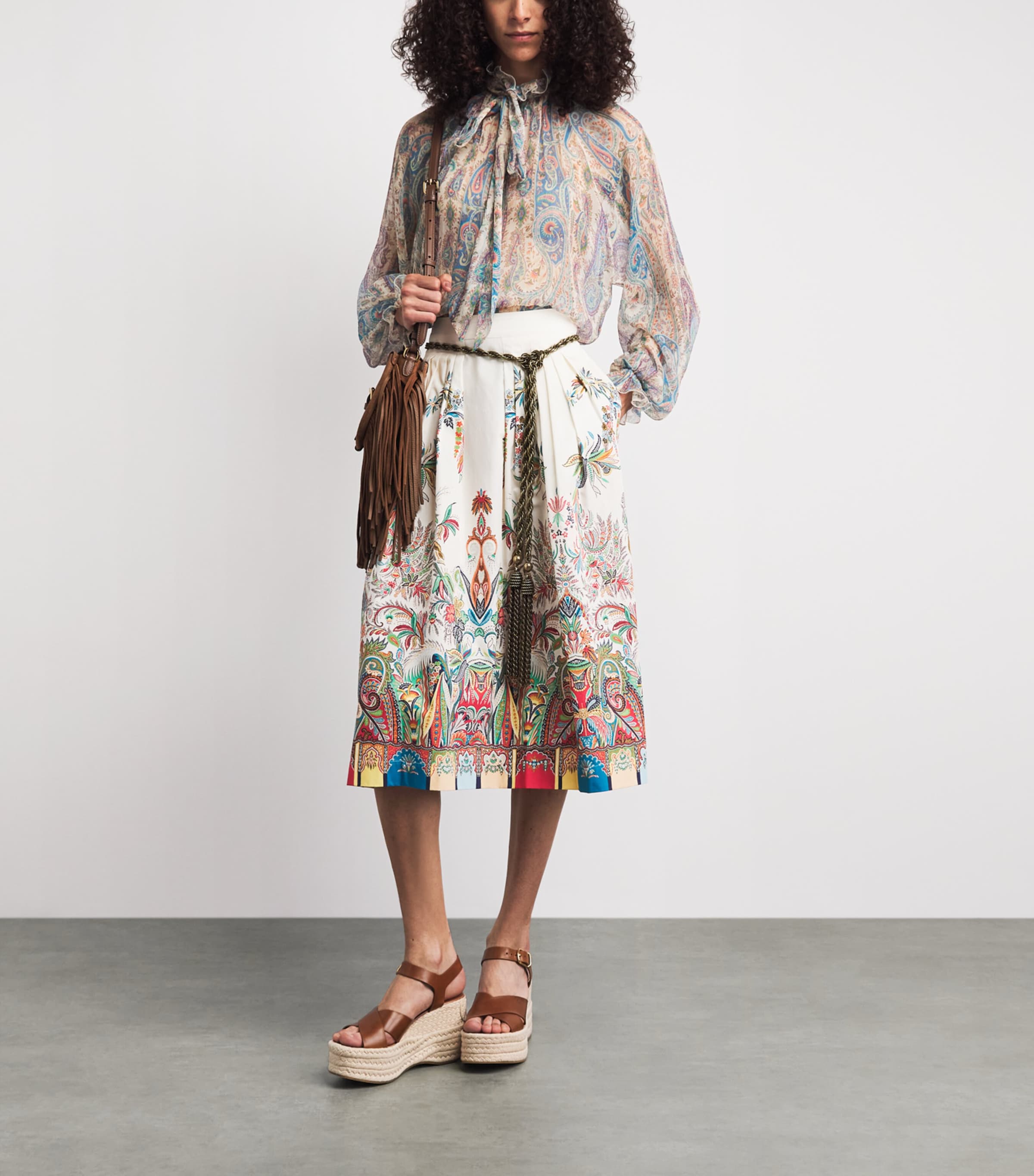 Etro Womens Cotton Paisley Pleated Midi Skirt Prnt/white Bs Image 2