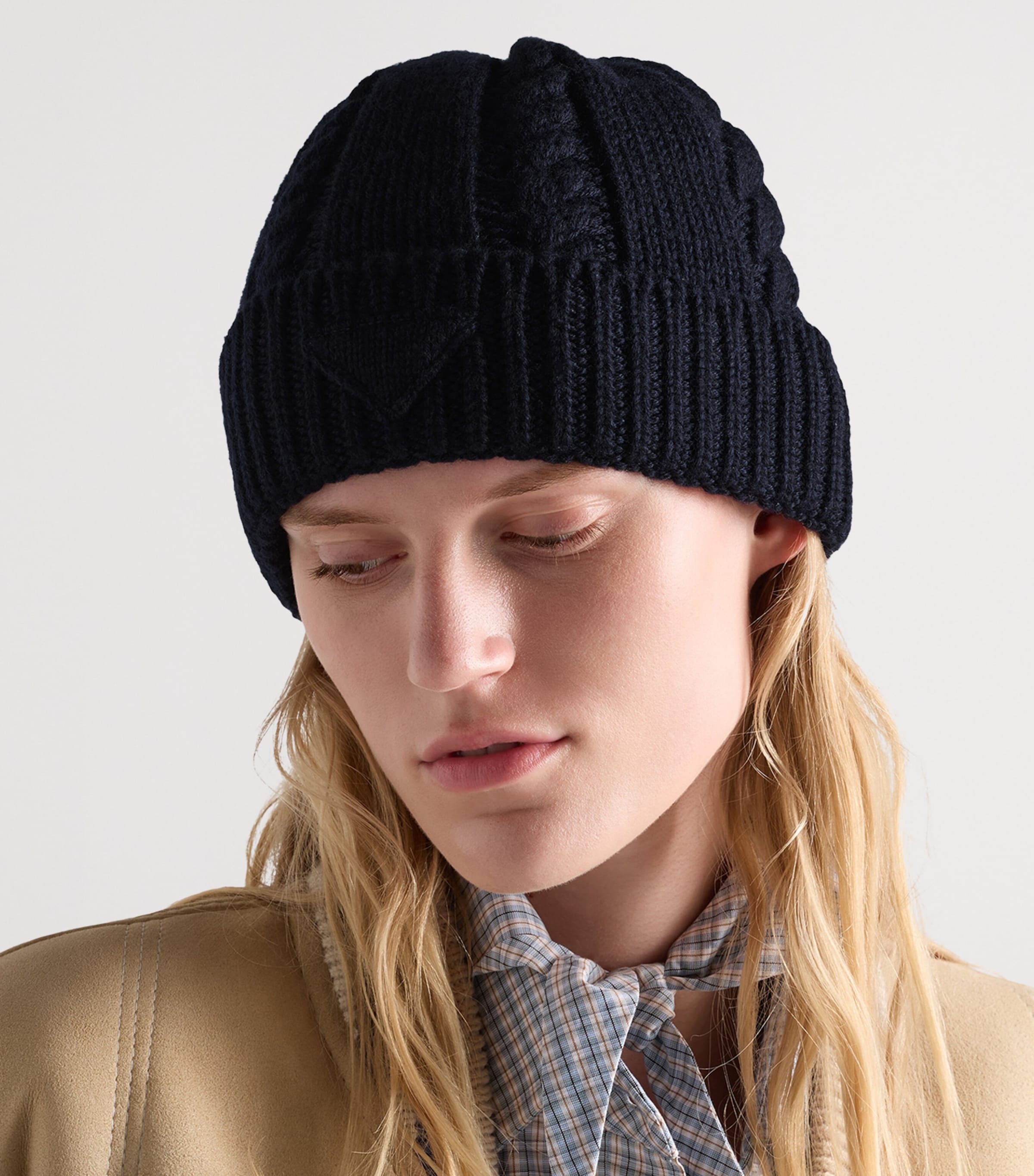 Prada Virgin Wool Triangle Beanie Blue Image 2
