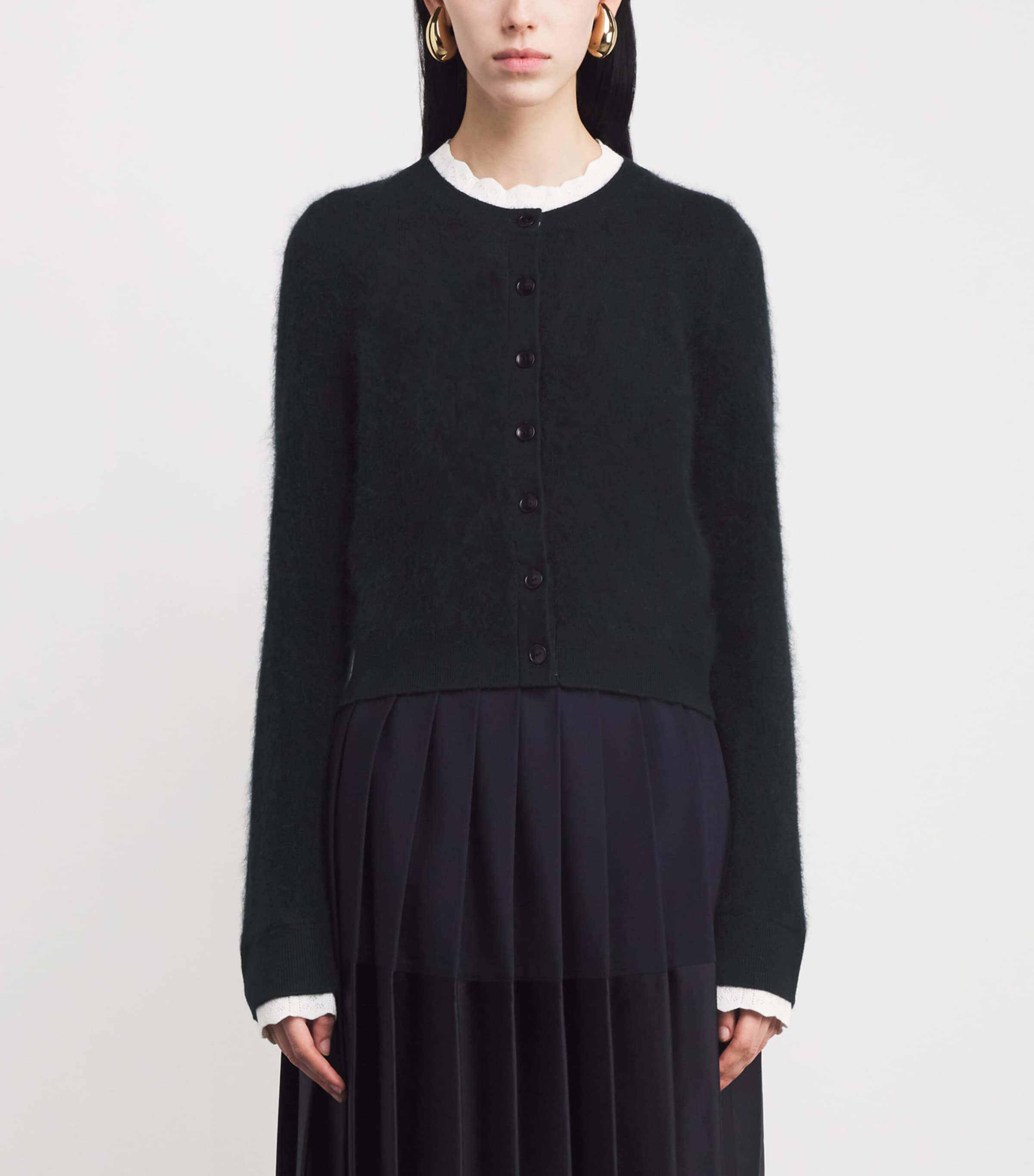 Wool Pointelle-Collar Cardigan BLACK Image 3