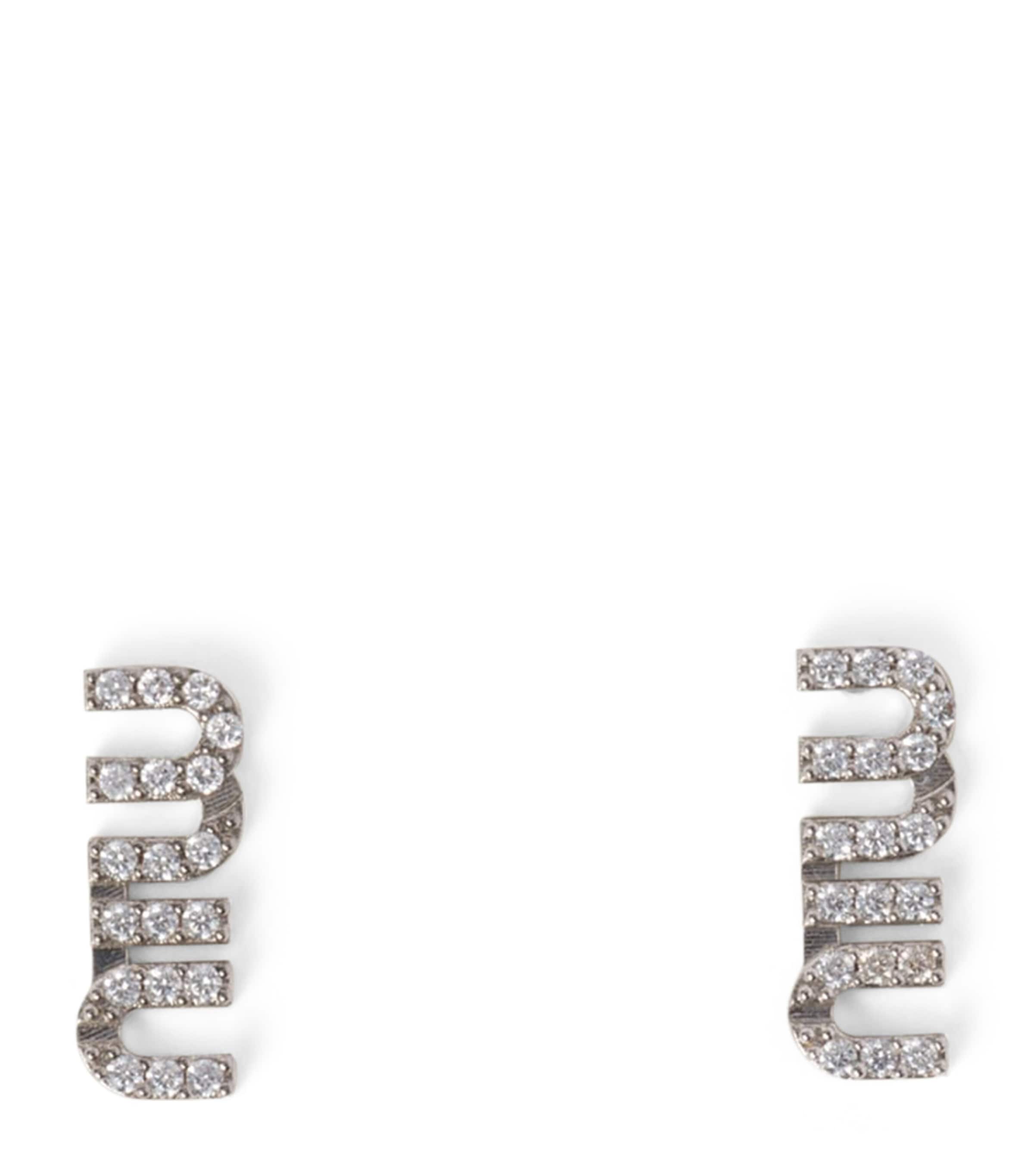 Miu Miu Crystal-embellished Logo Earrings In Silver