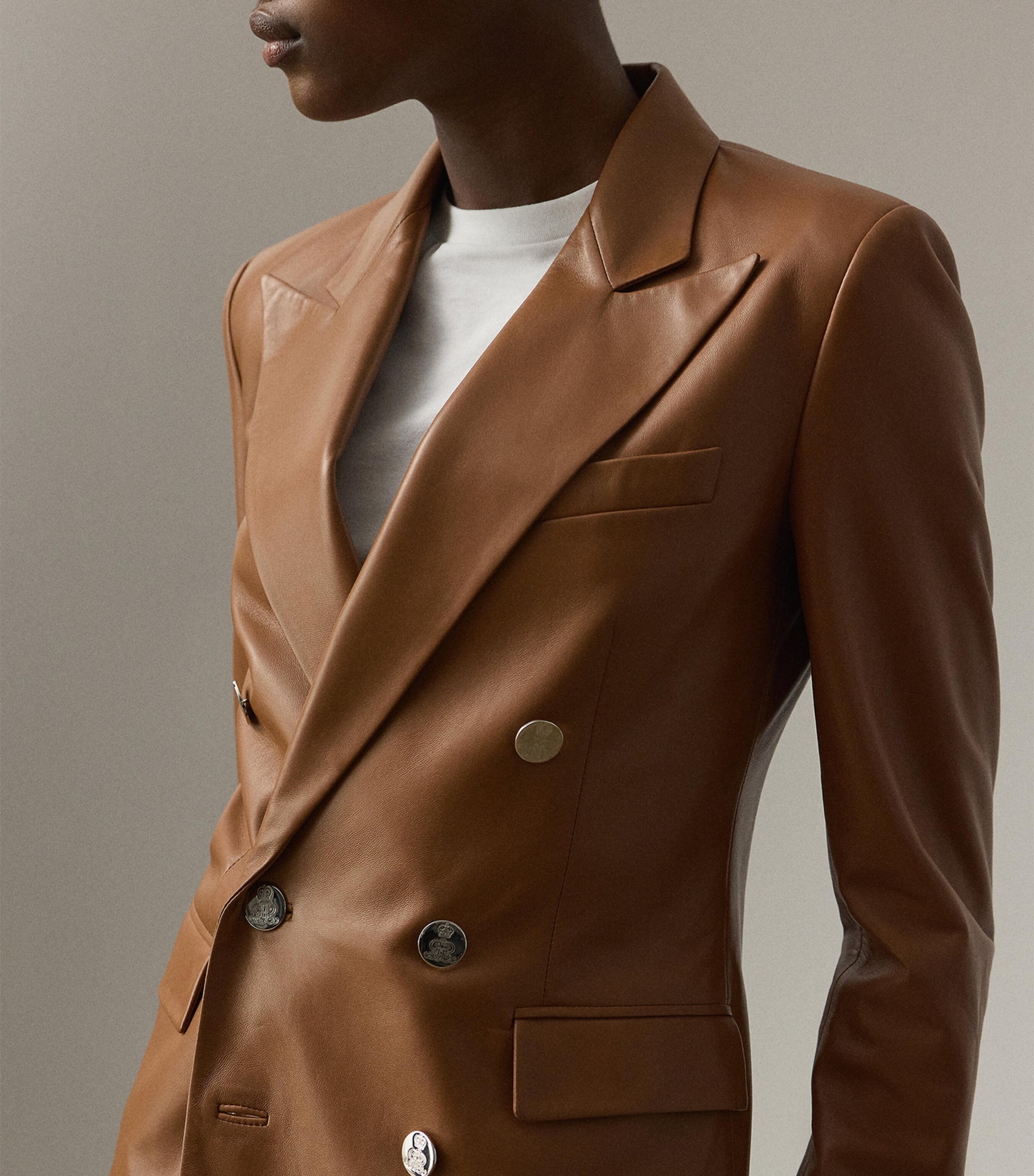 Leather Double-Breasted Blazer LIGHT TOFFEE Image 4