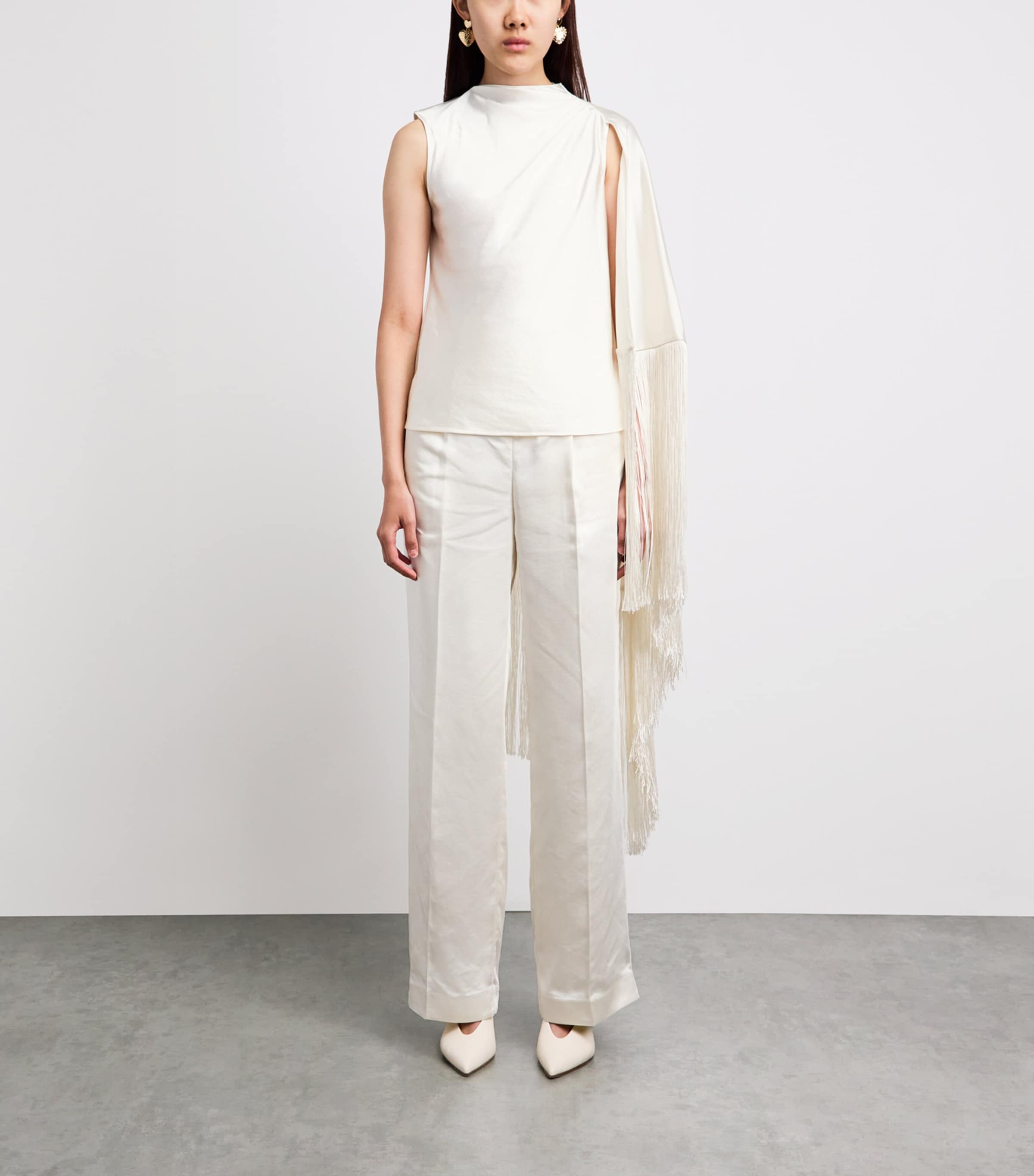 Self-Portrait Womens Satin Fringe-Scarf Top Cream Image 4