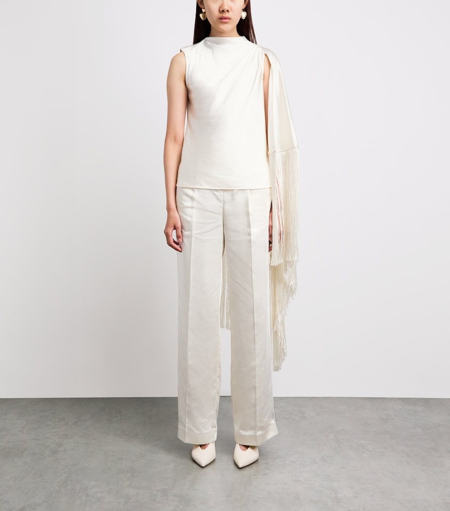 Self-Portrait Womens Satin Fringe-Scarf Top Cream Image 4