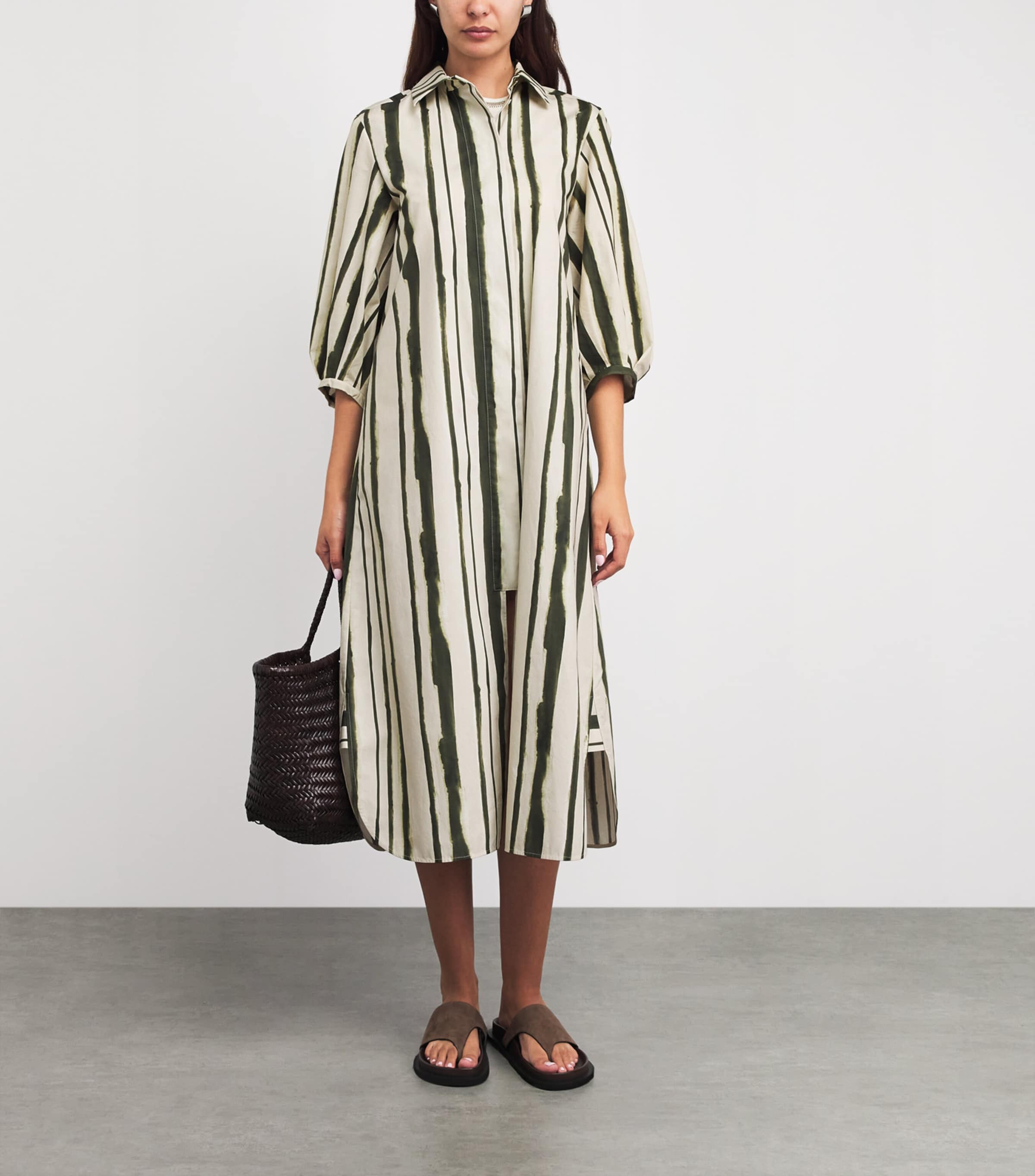 MM Womens Cotton Stripe Midi Shirt Dress Moss Green Image 2