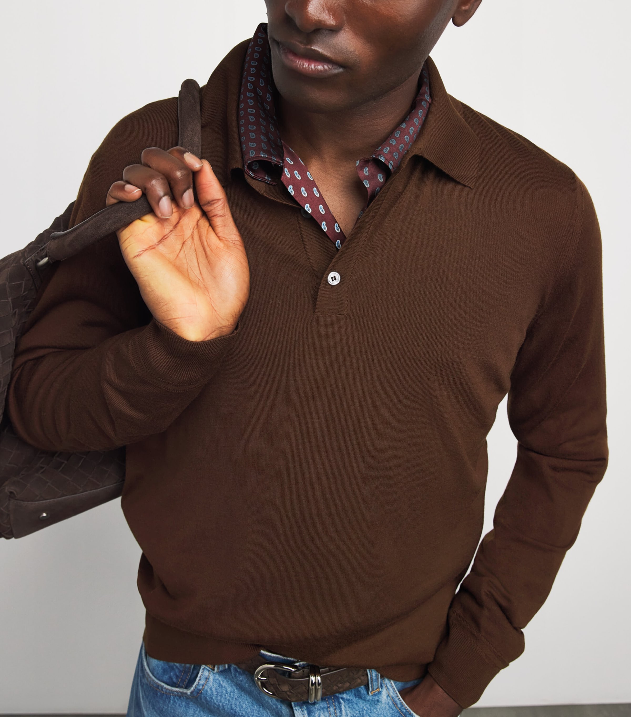Brett Johnson Mens Virgin Wool Long-Sleeve Polo Shirt Chestnut Image 3