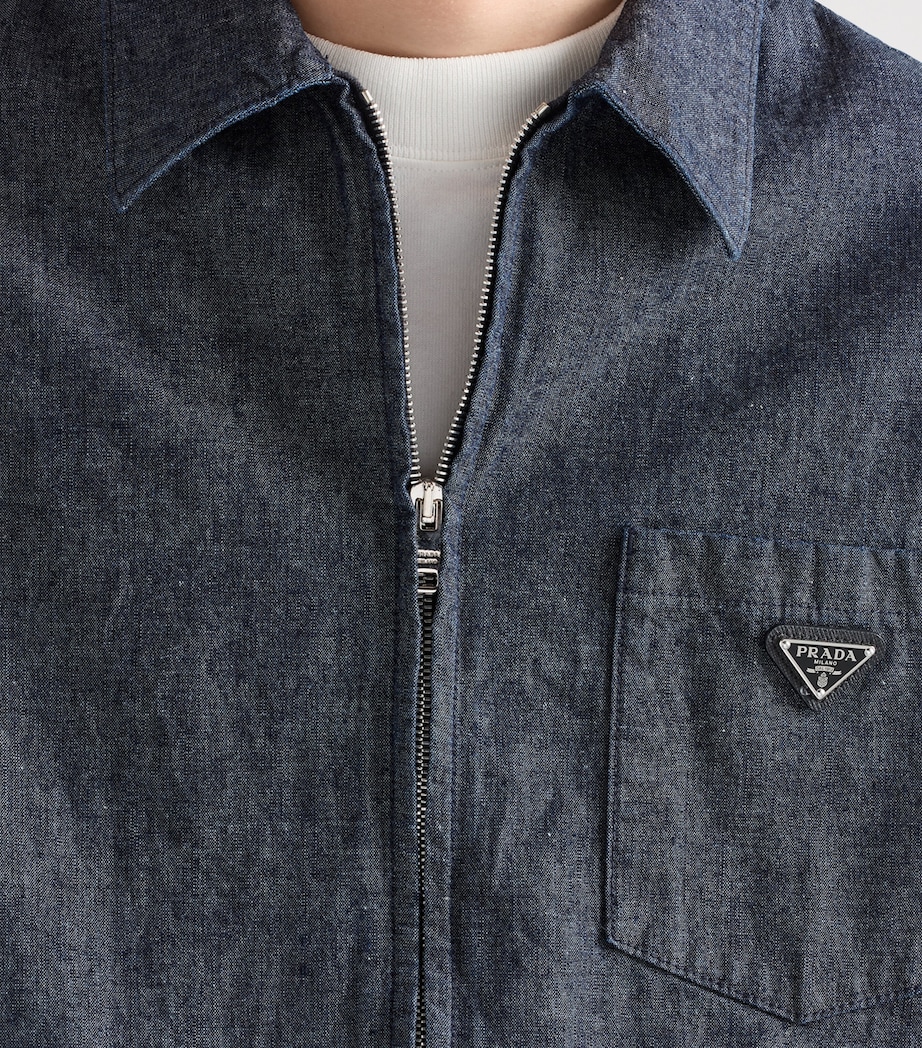Prada Mens Cotton Chambray Zipped Shirt Blue Image 6