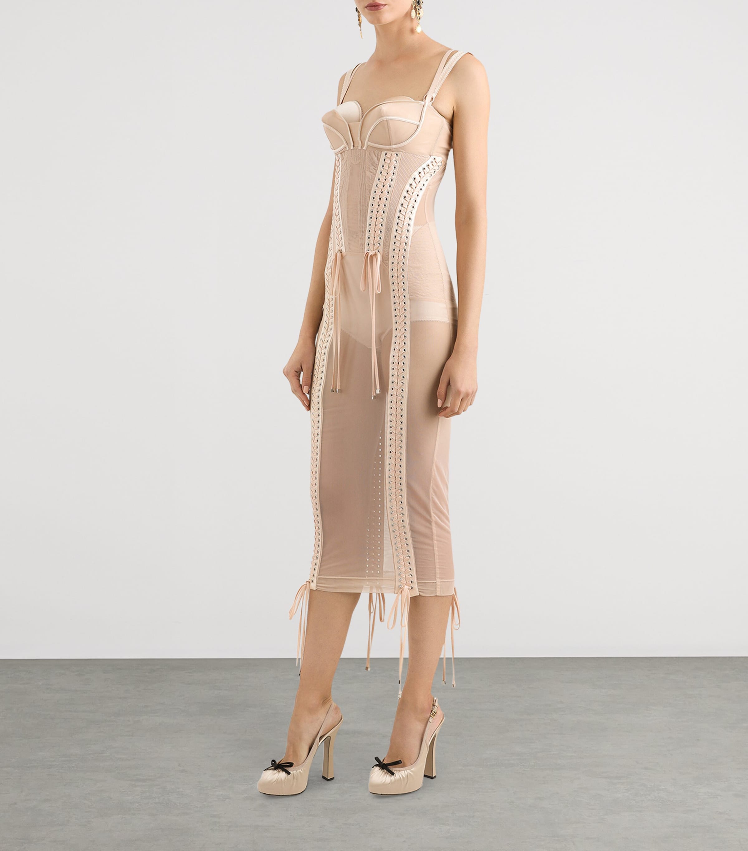 Tulle Corset-Detail Midi Dress F1218-FLEISH PINK Image 2