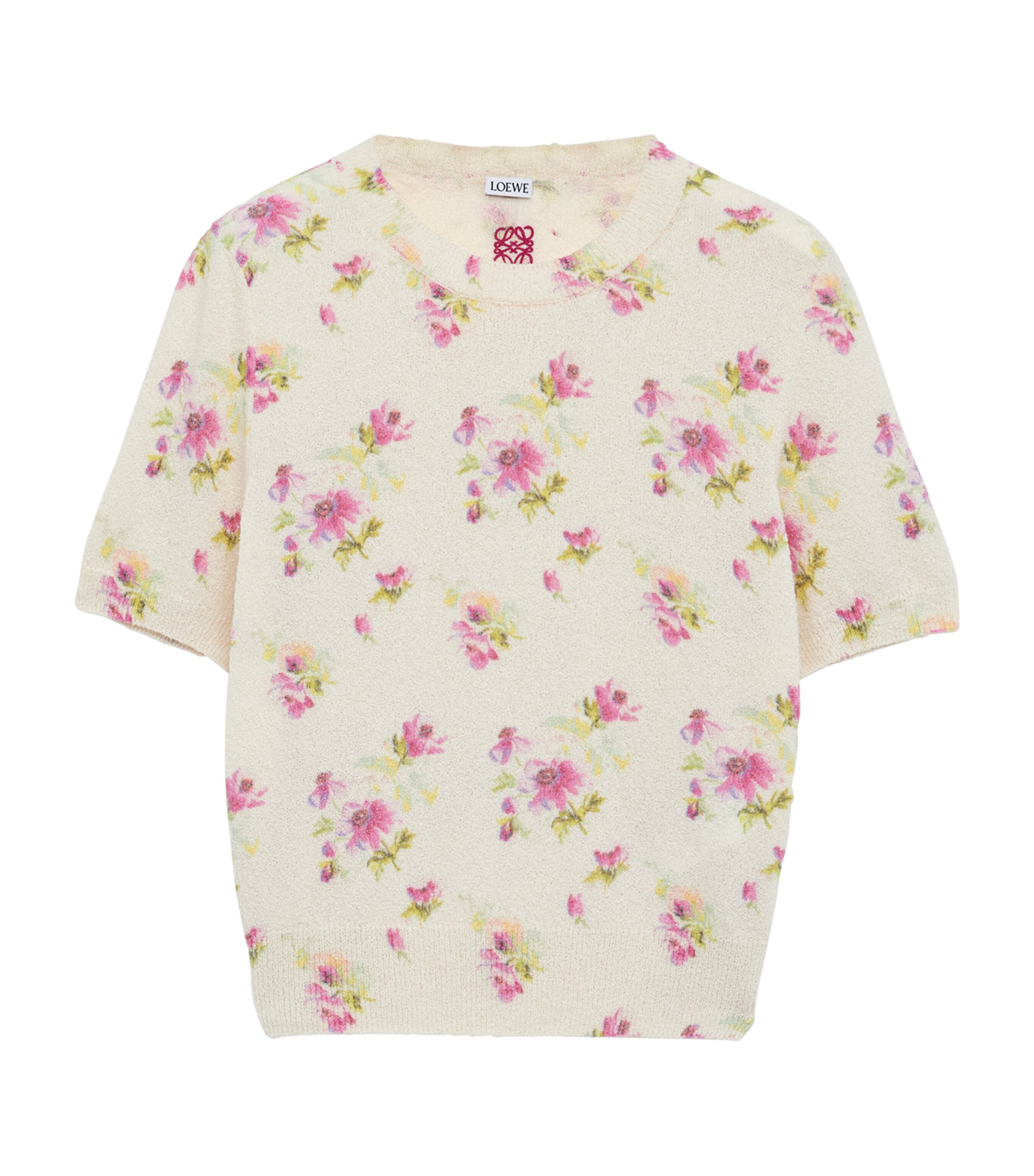 Loewe Cotton-blend Floral Print Short Sleeve Sweater In Neutral