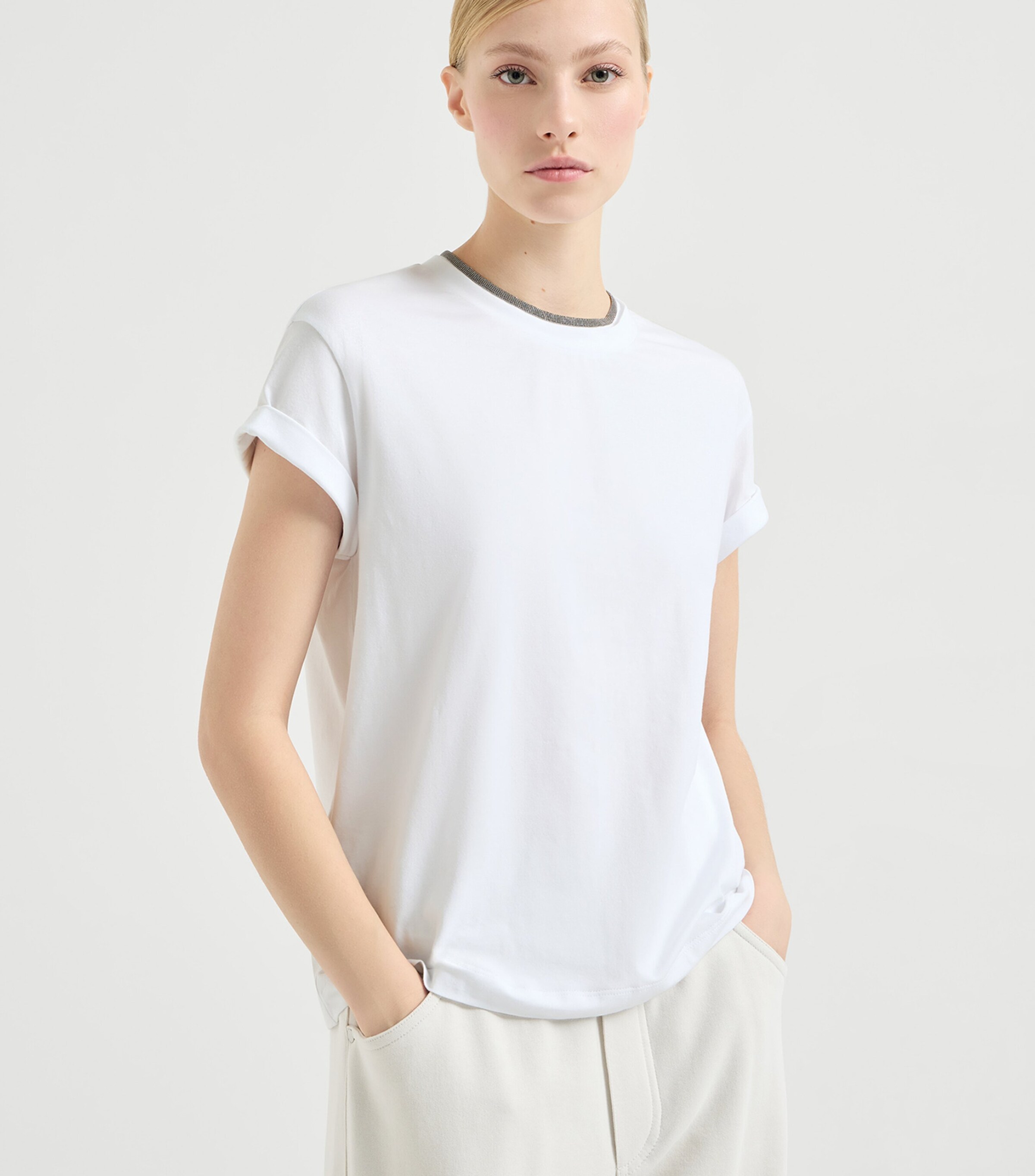 Brunello Cucinelli Womens Embellished Stretch-Cotton T-Shirt Image 3