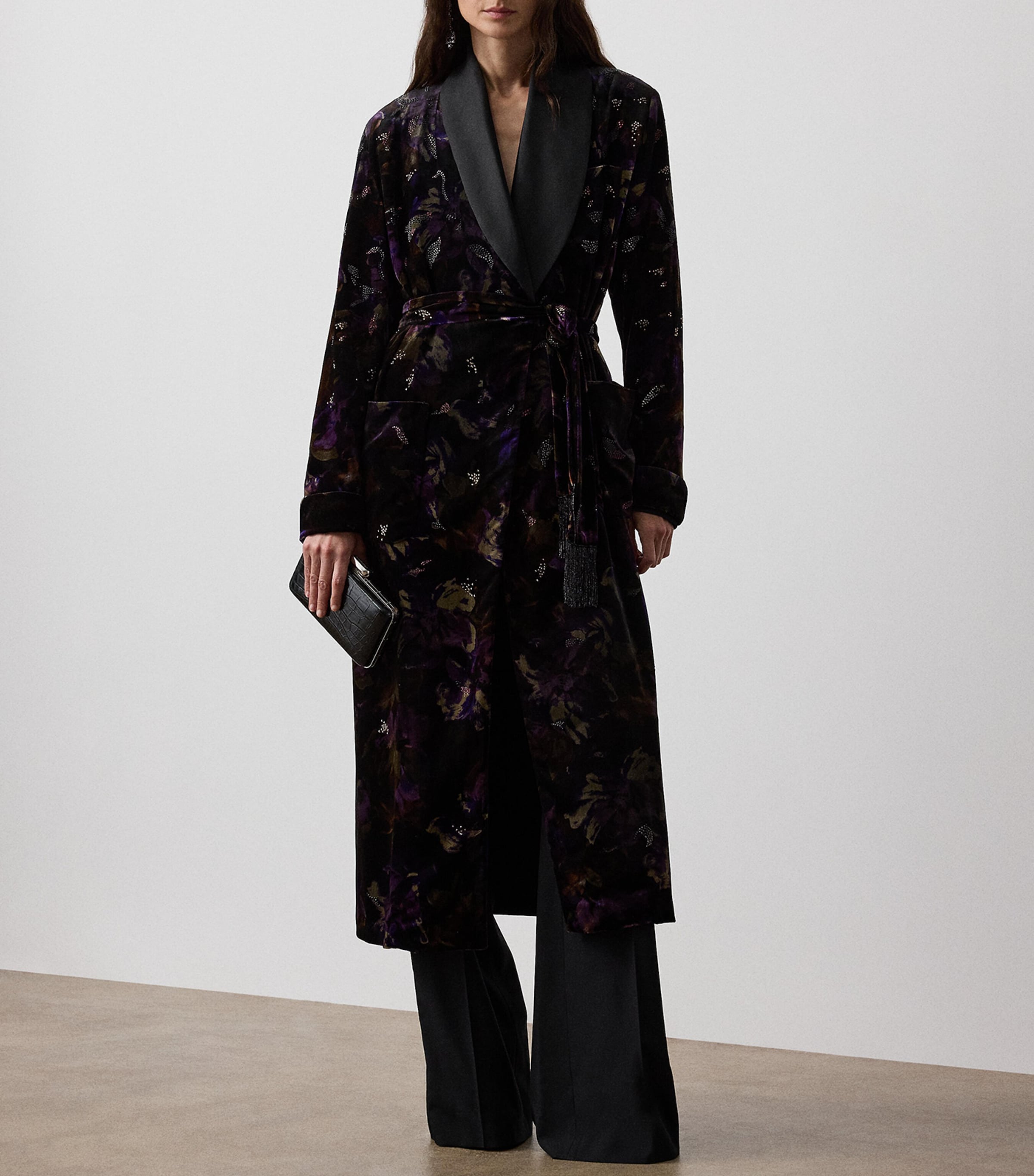 Velvet Embellished Floral Wrap Coat BLACK/AUBERGINE Image 6