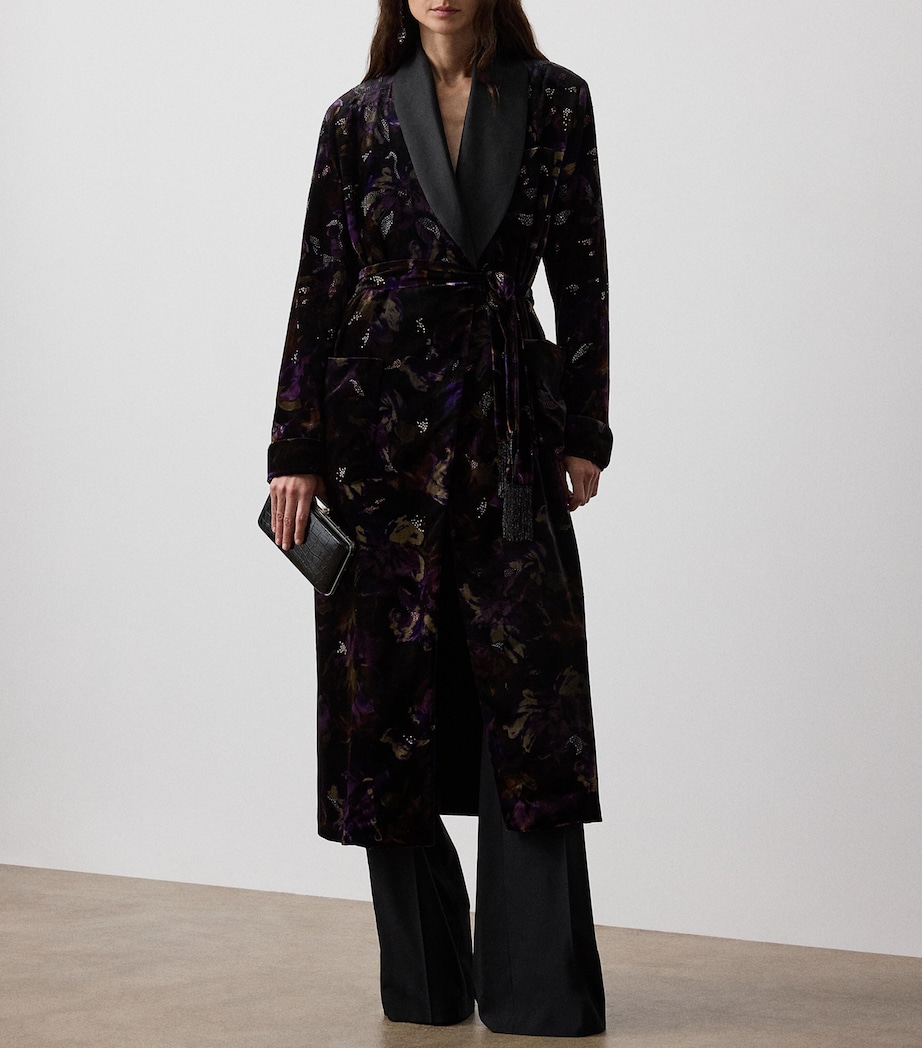 Velvet Embellished Floral Wrap Coat BLACK/AUBERGINE Image 6