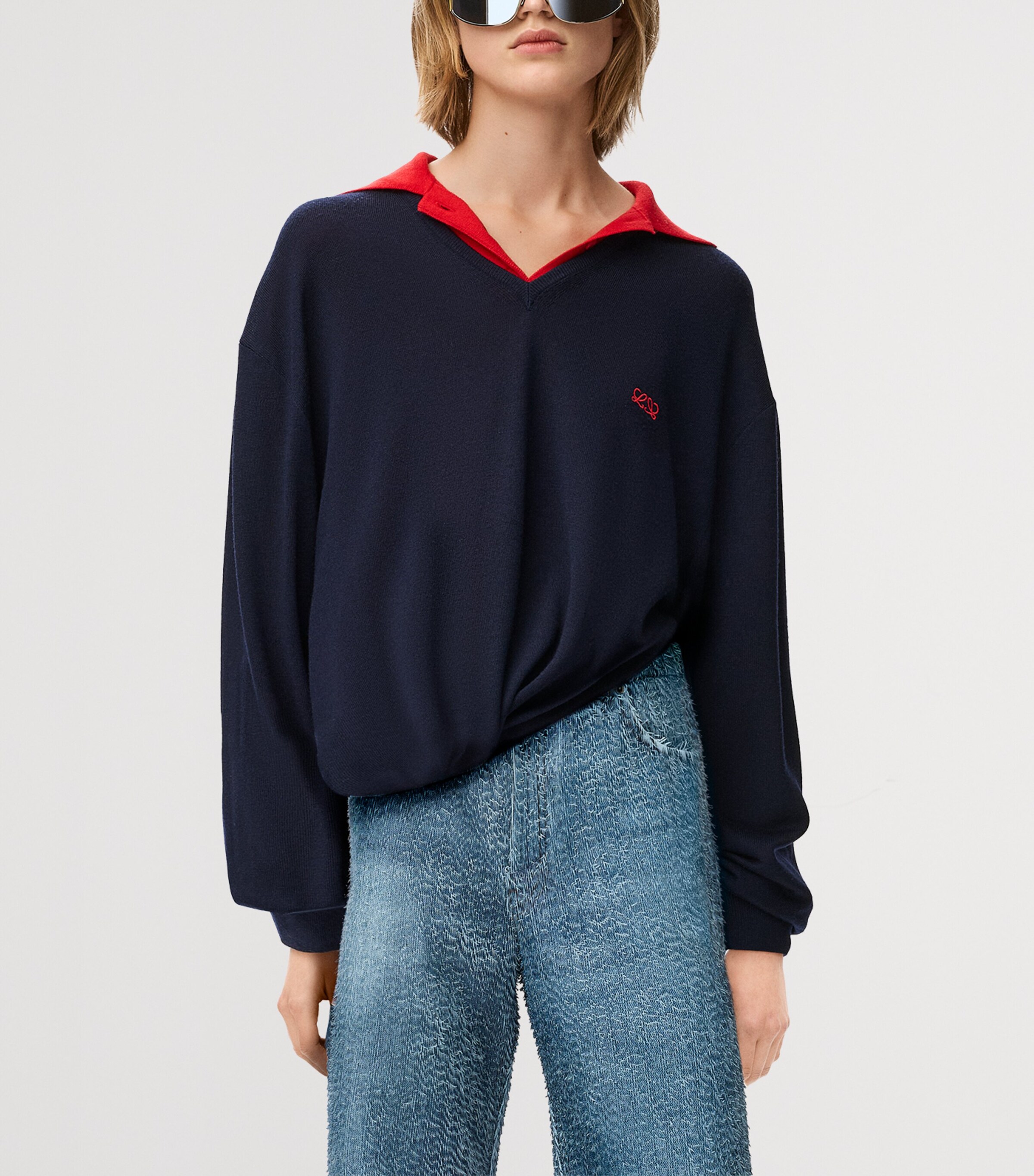 LOEWE Womens Wool-Blend V-Neck Sweater Dark Navy Image 6
