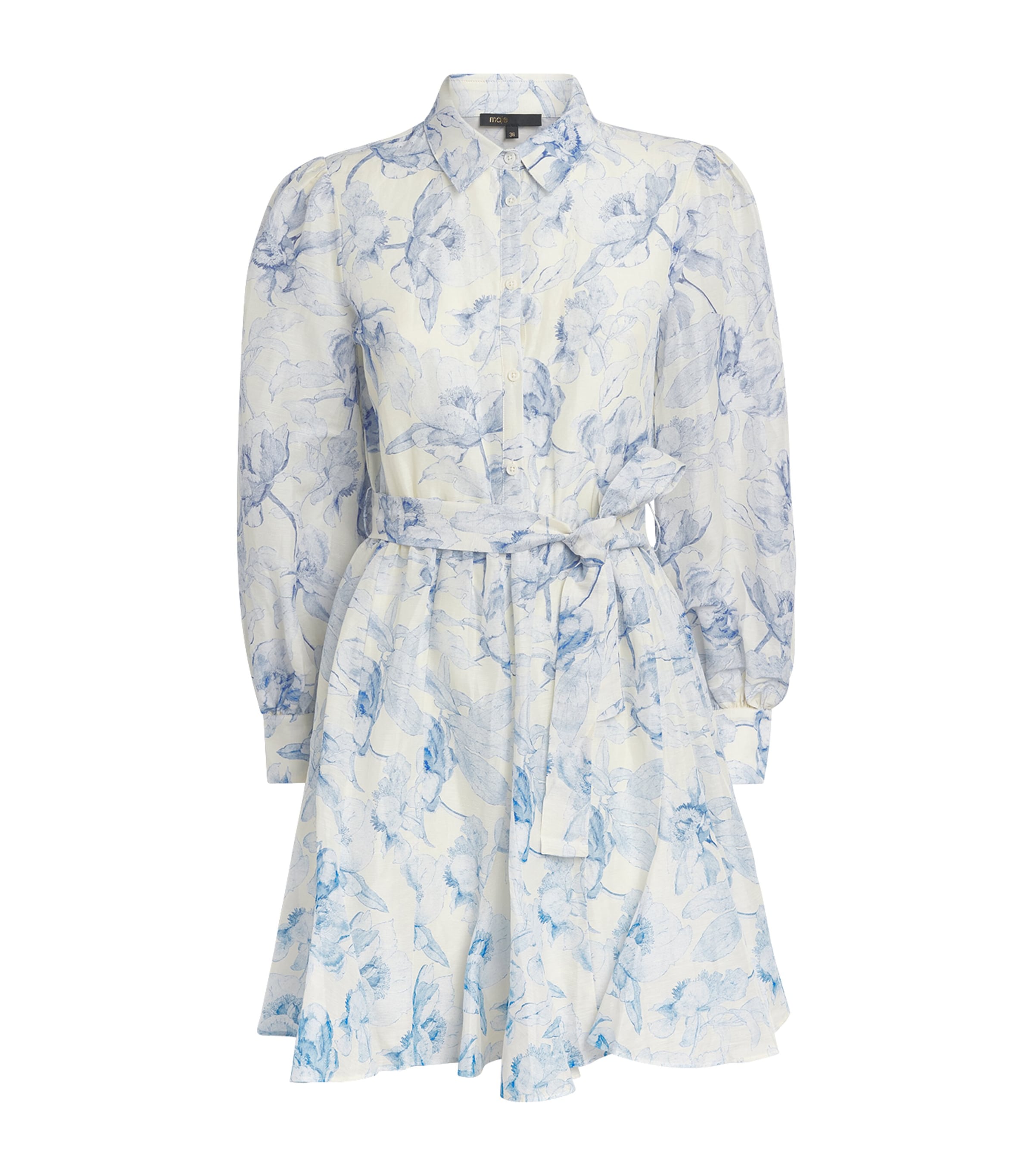 Maje Womens Floral-print Tie-waist Linen-blend Mini Dress Bleus In Blue