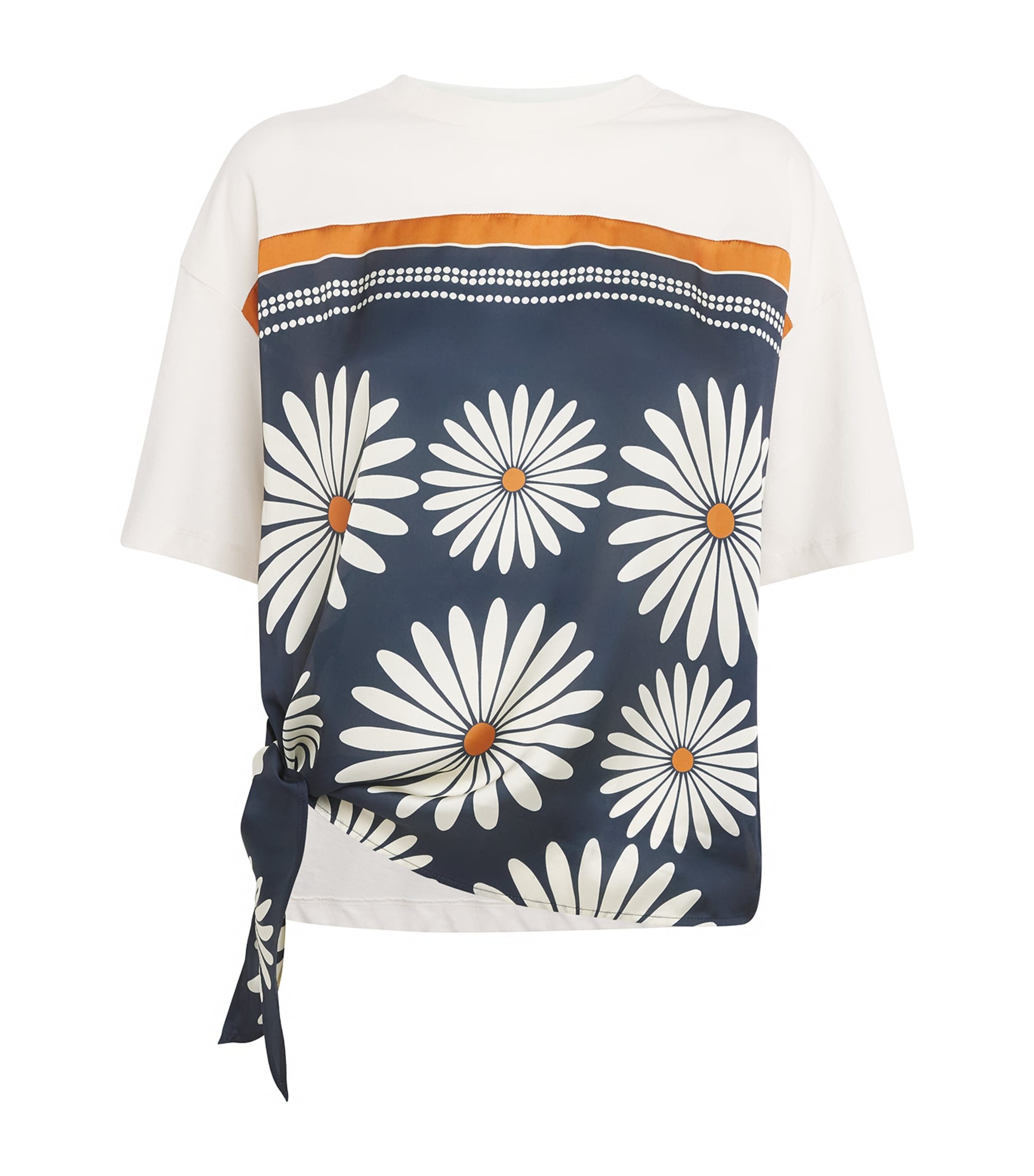 Sandro Paris Womens Cotton Floral Print Scarf T-Shirt Deep Blue / Ocher Image 1