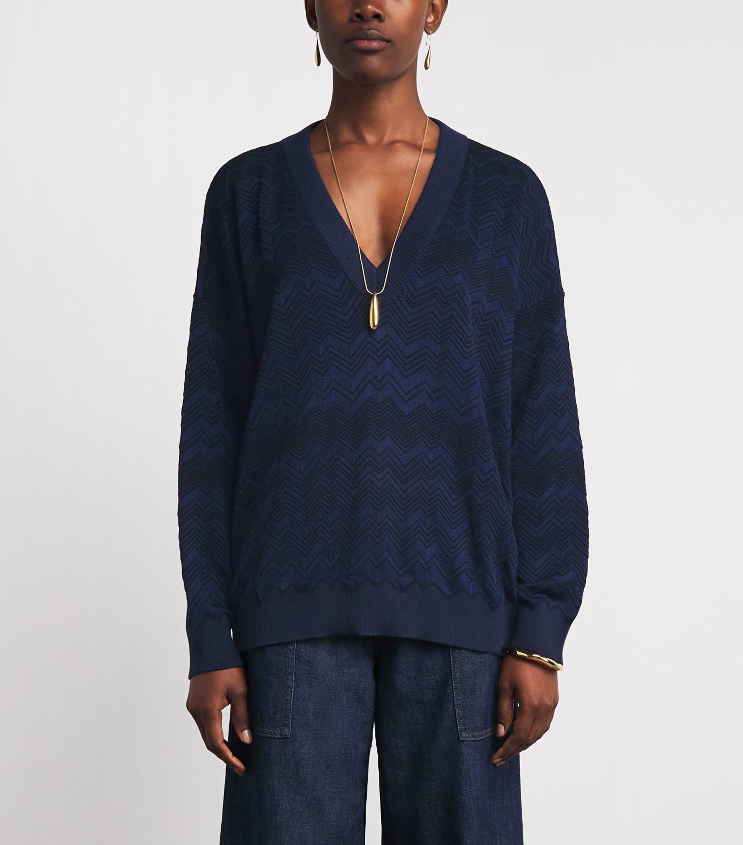 Missoni Womens Chevron V-Neck Sweater Navy Blue Image 4
