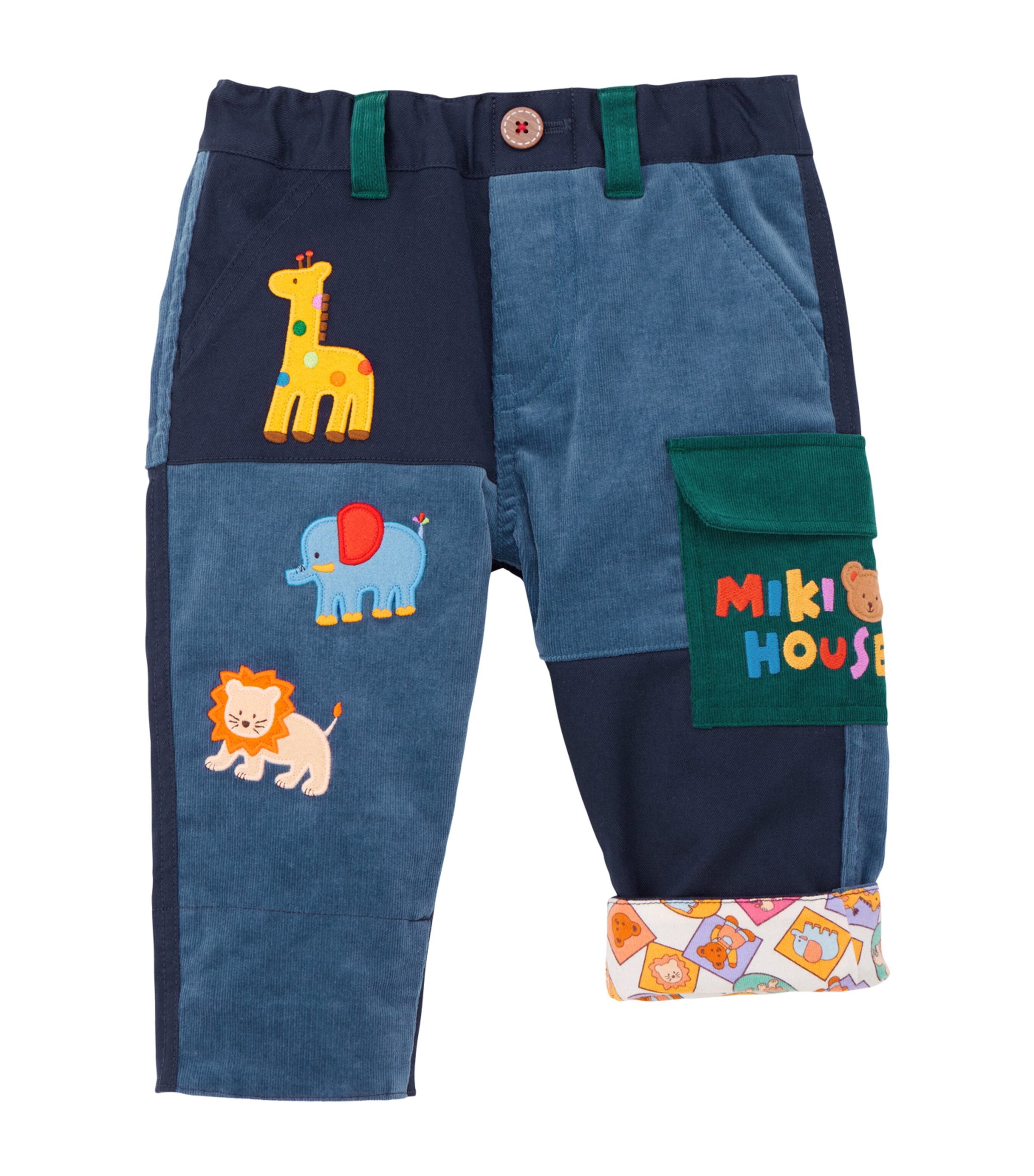 Miki House Cotton-blend Patchwork Embroidered Trousers In Blue