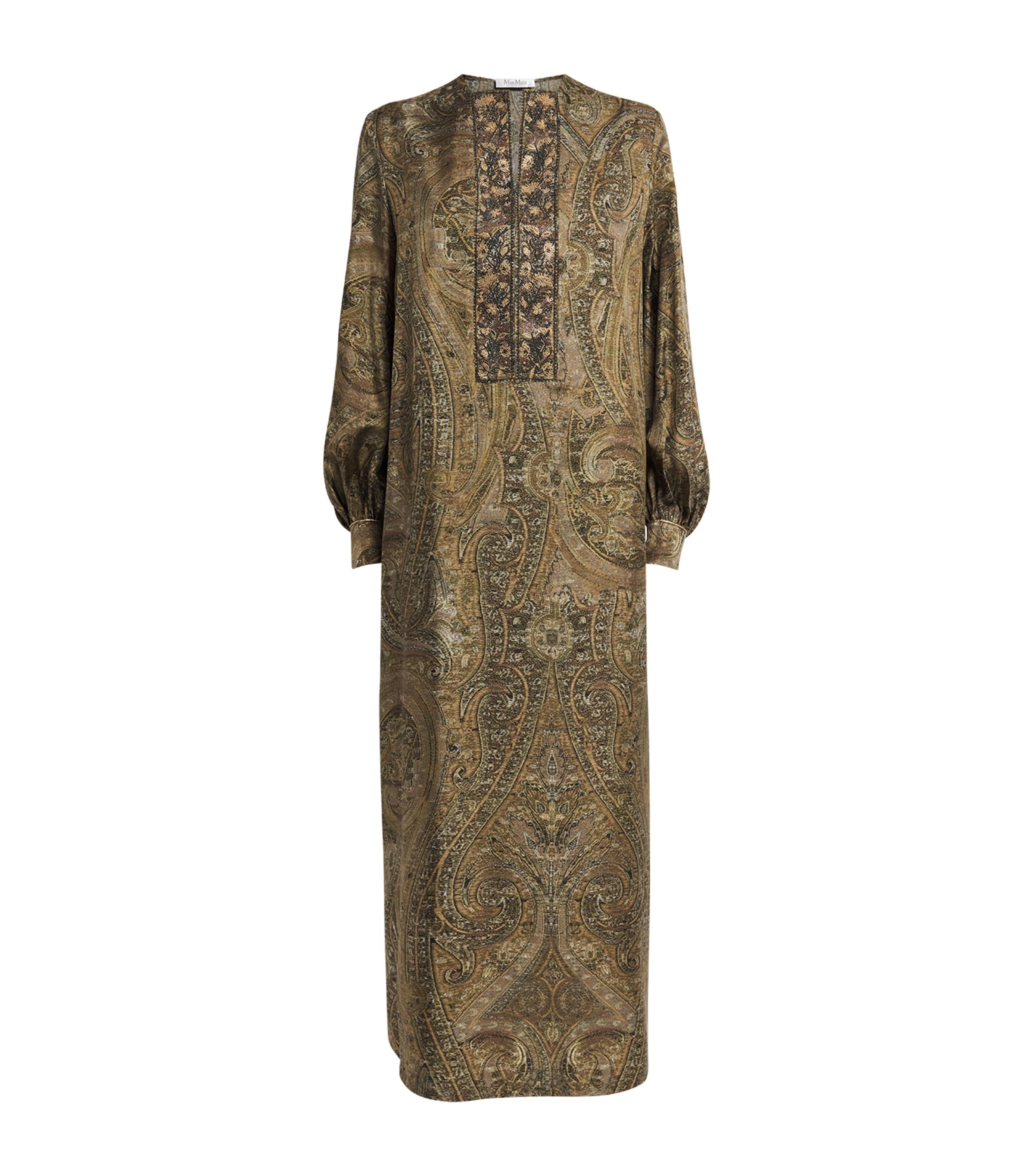 Max Mara Silk Printed Maxi Tunic Dress In Green