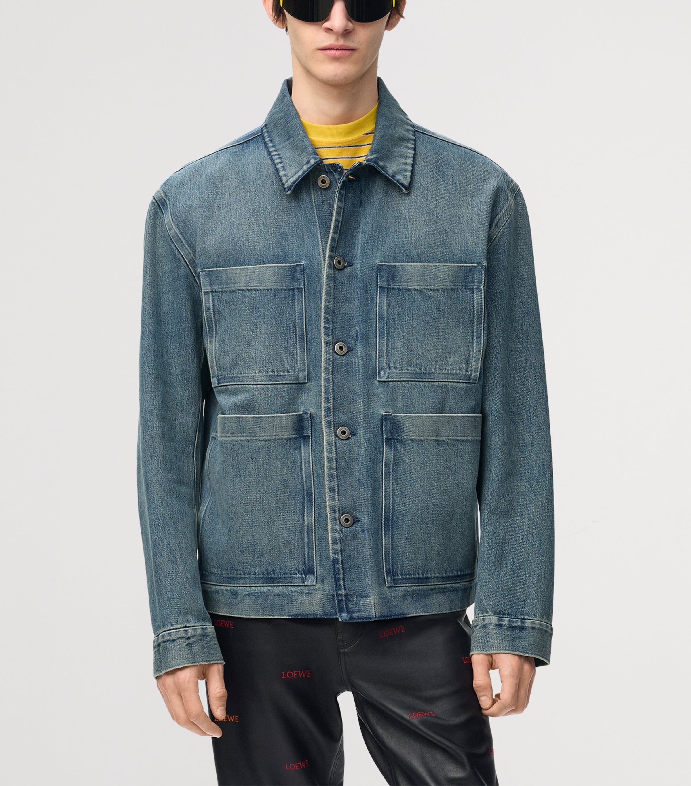 LOEWE Mens Leather-Patch Denim Jacket Denim Blue Image 3