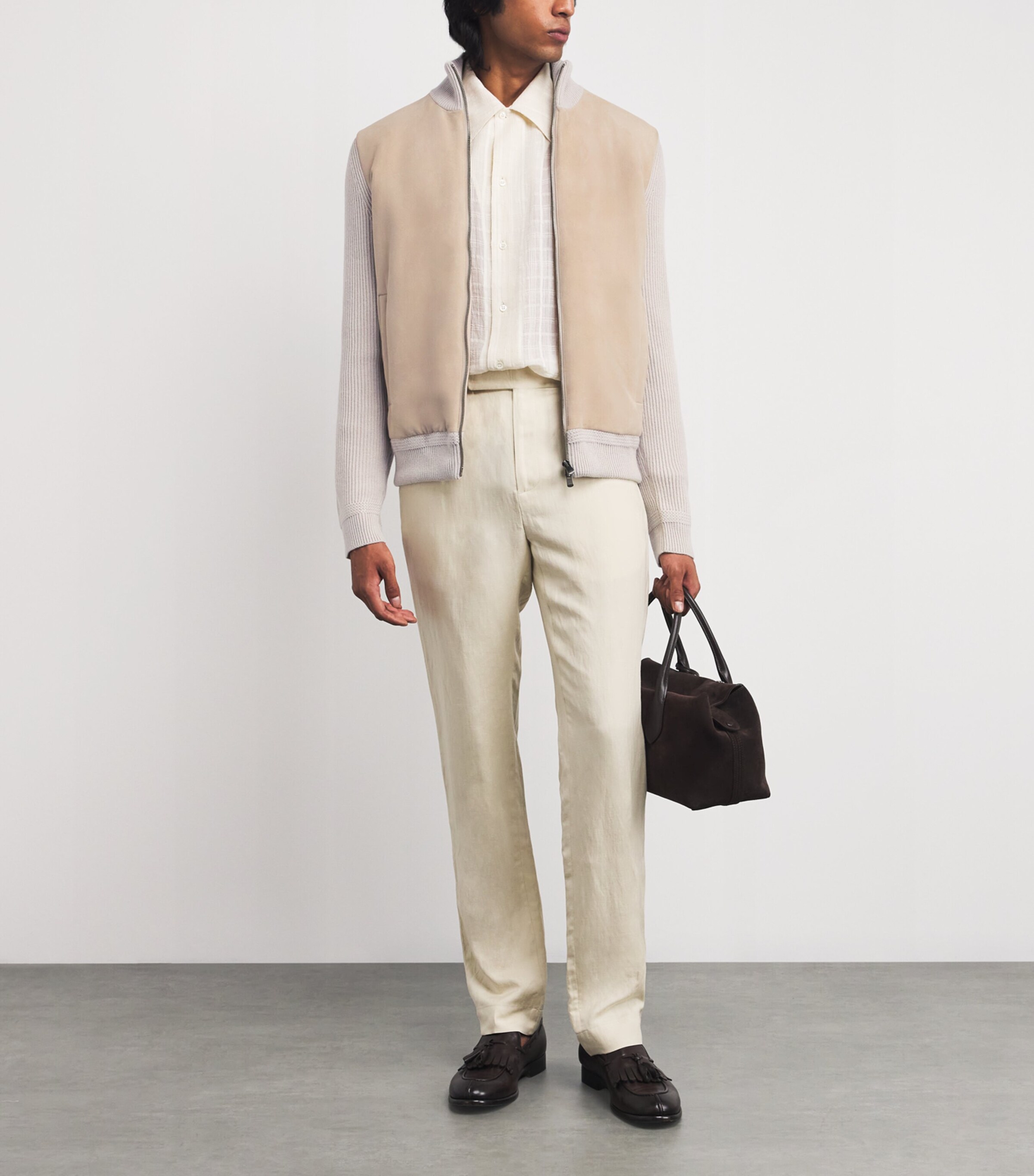 Agnona Mens Cashmere Suede-Front Bomber Jacket Beige Moon Image 2