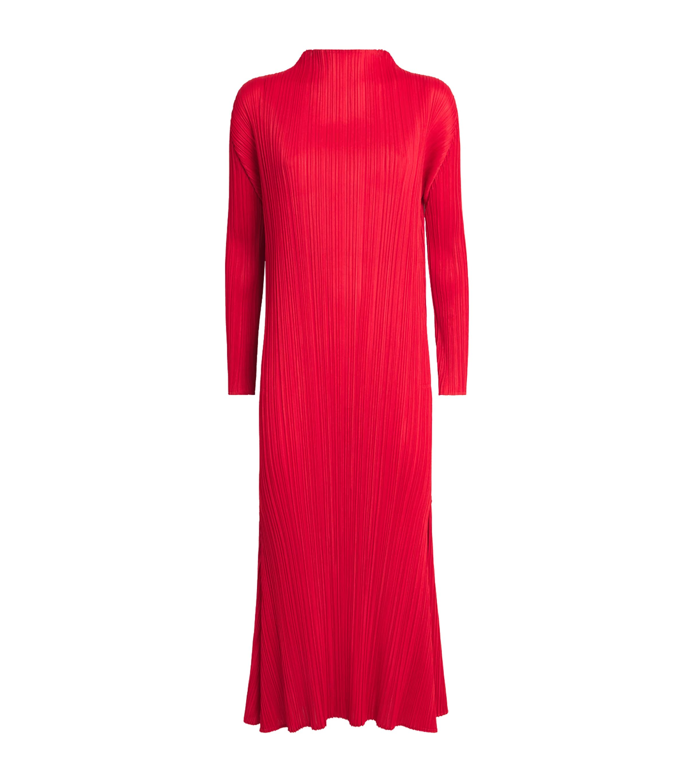 Pleats Please Issey Miyake Red Long-Sleeve Midi Dress