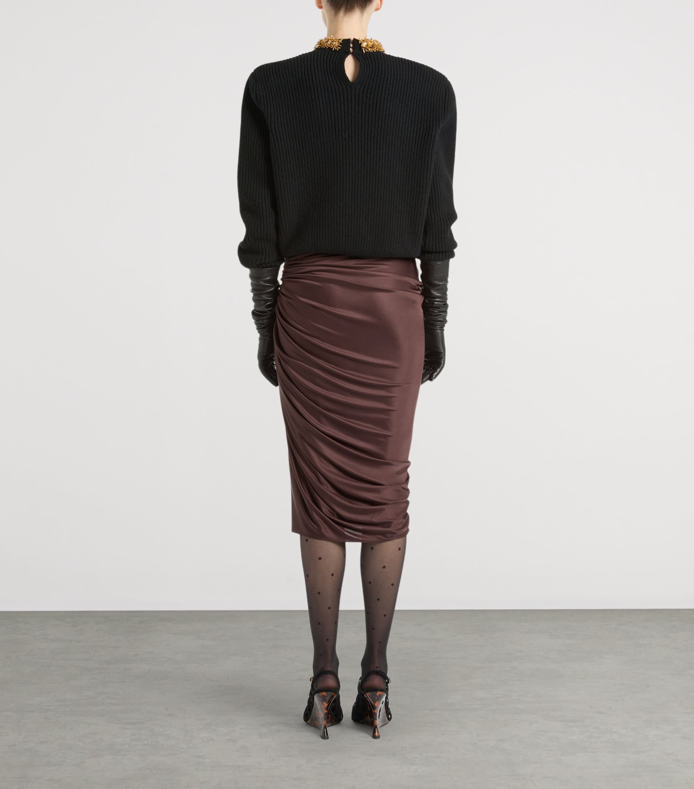 Balmain Womens Jersey Ruched Midi Skirt Brown Marron Image 3