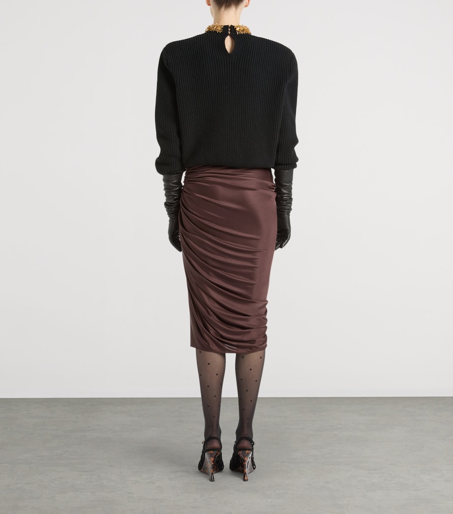 Balmain Womens Jersey Ruched Midi Skirt Brown Marron Image 3