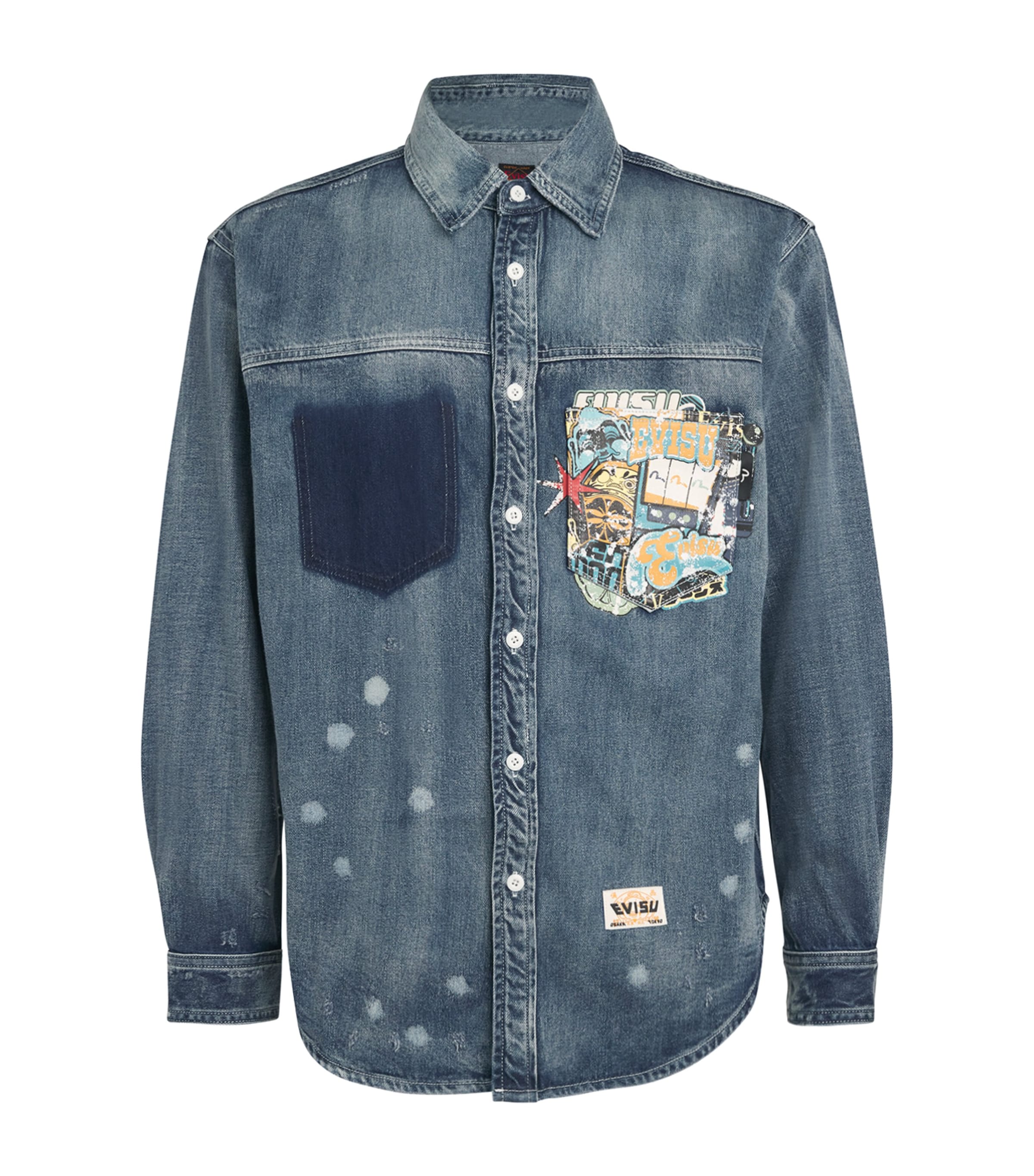 Evisu Denim Graphic Distressed Overshirt In Blue