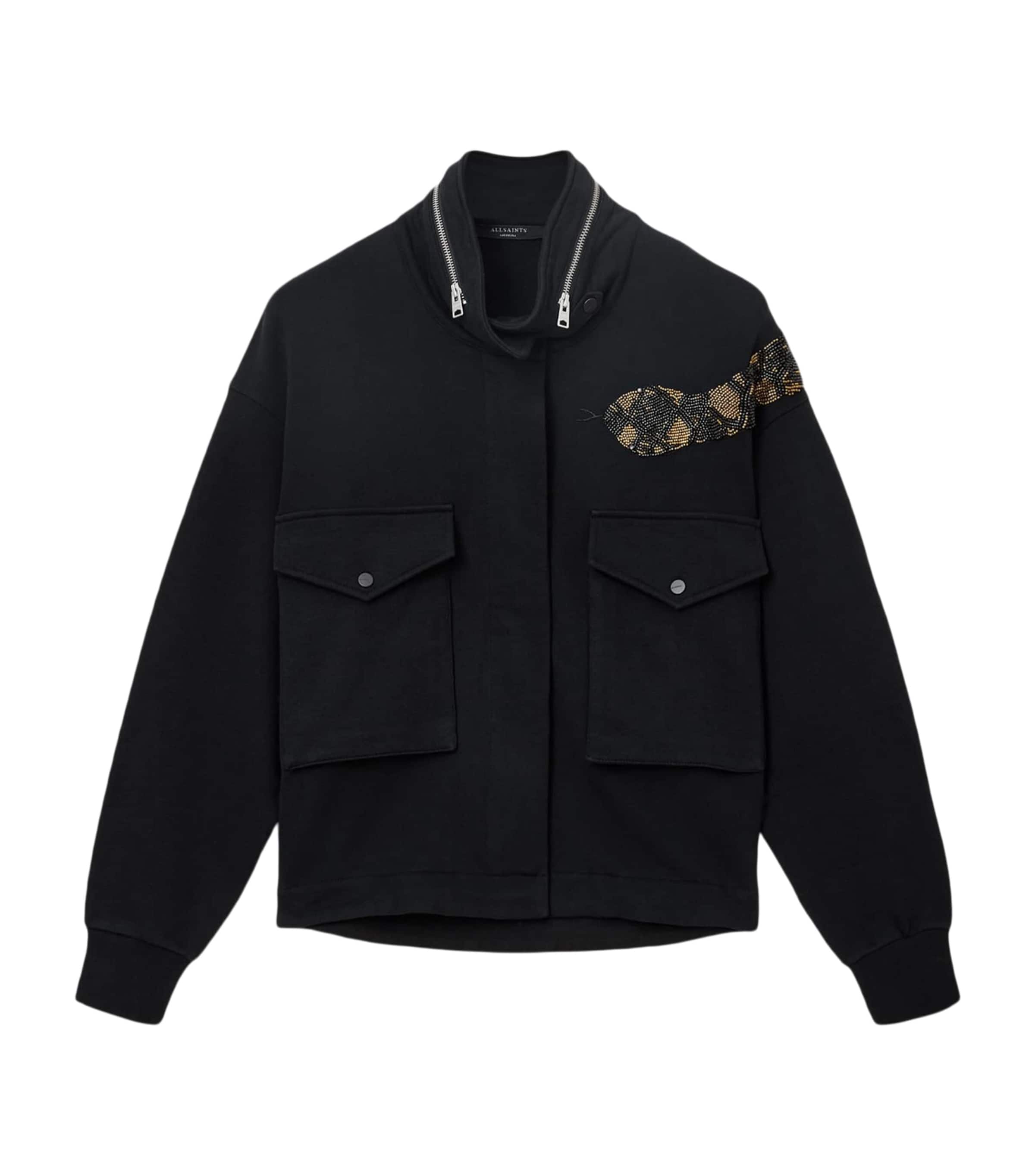 Allsaints Womens Black Ouros Clarie Snake-embellished Cotton Jacket Xs In Black