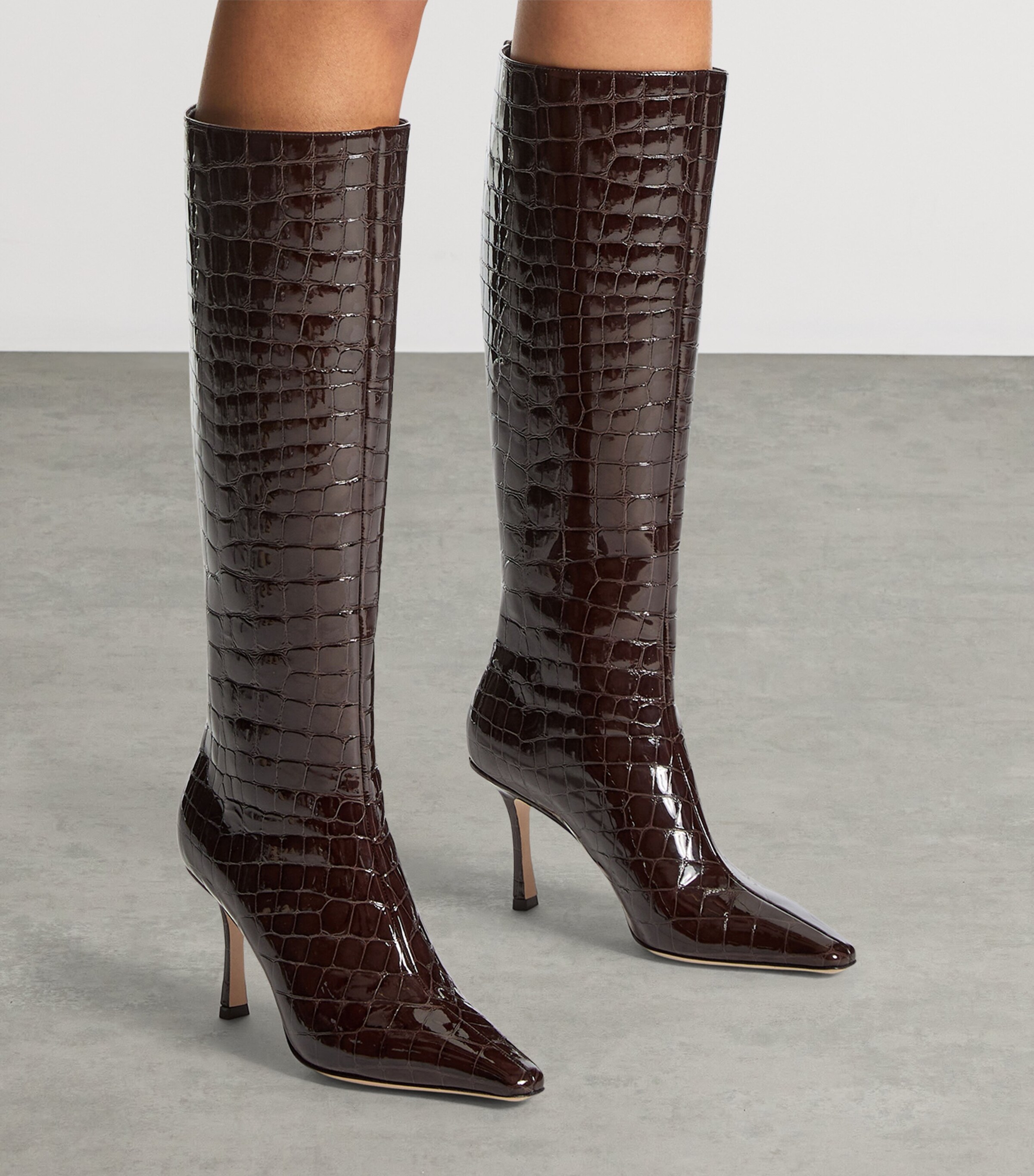Jimmy Choo Agathe 85 Leather Croc-Embossed Knee-High Boots Sambuco Image 2