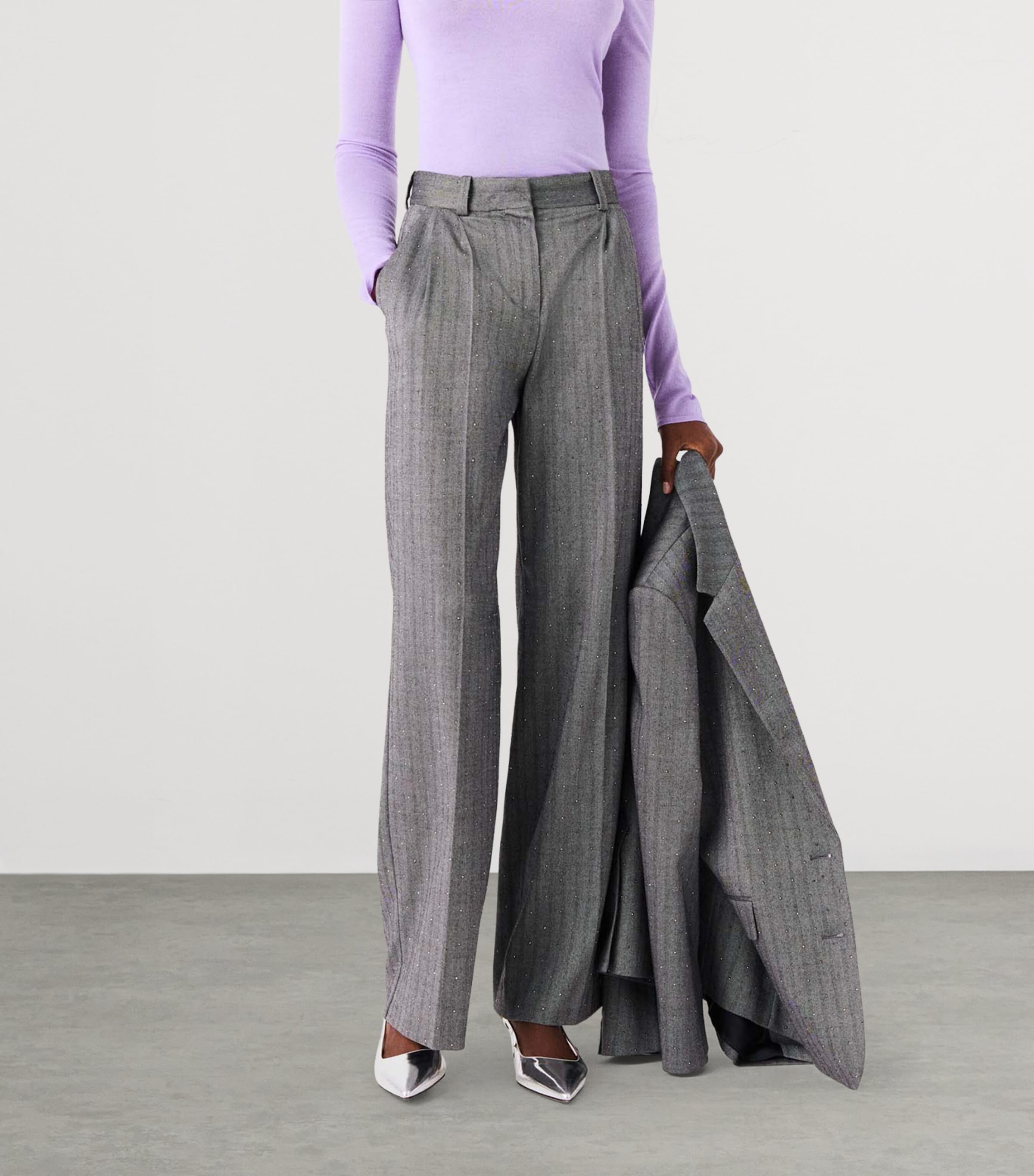 Maje Womens Rhinestone Wide-Leg Tailored Trousers Grey Image 3