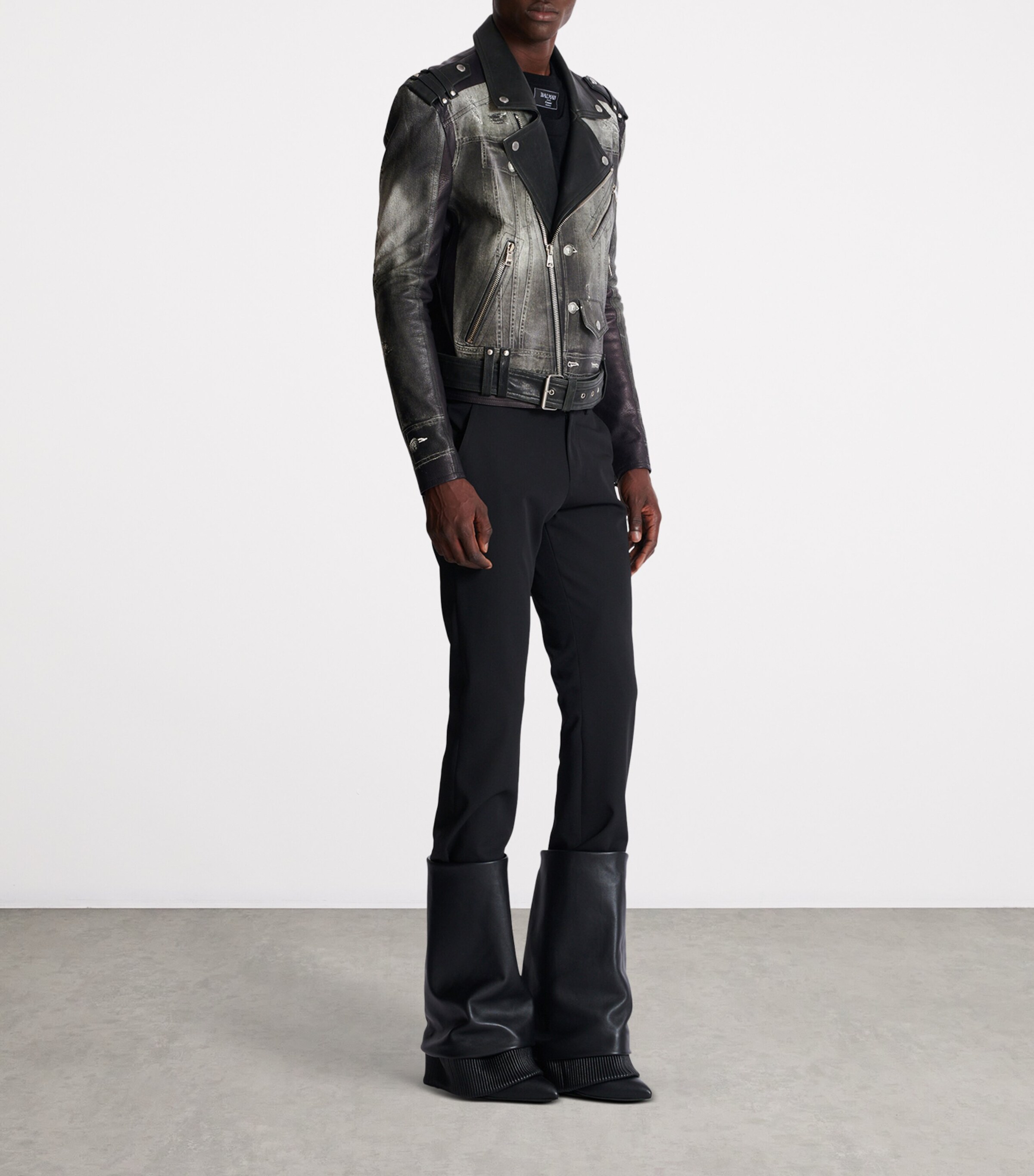 Balmain Mens Leather Denim Print Biker Jacker Yie Gris Denim/ Noir Image 7