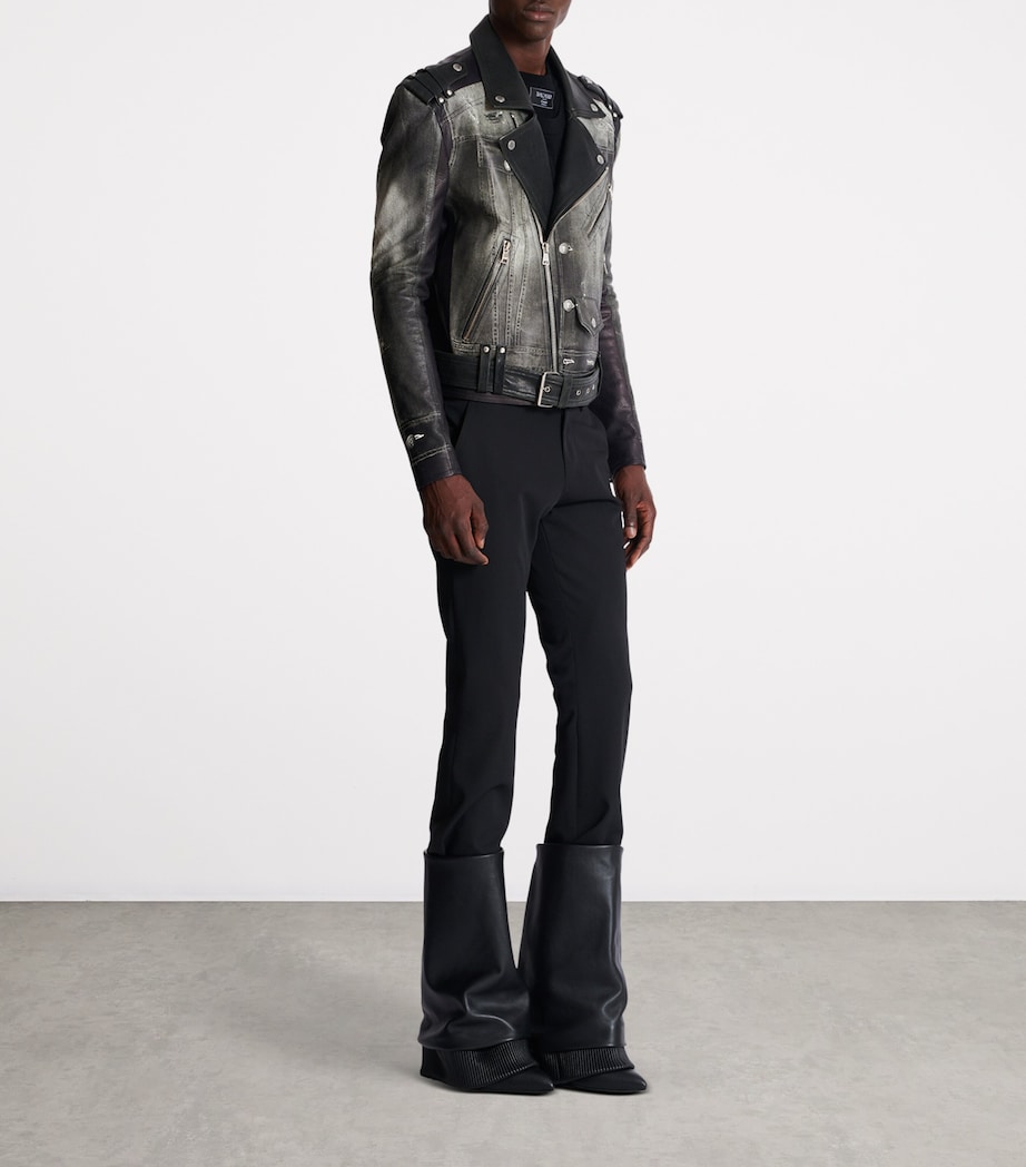 Balmain Mens Leather Denim Print Biker Jacker Yie Gris Denim/ Noir Image 7