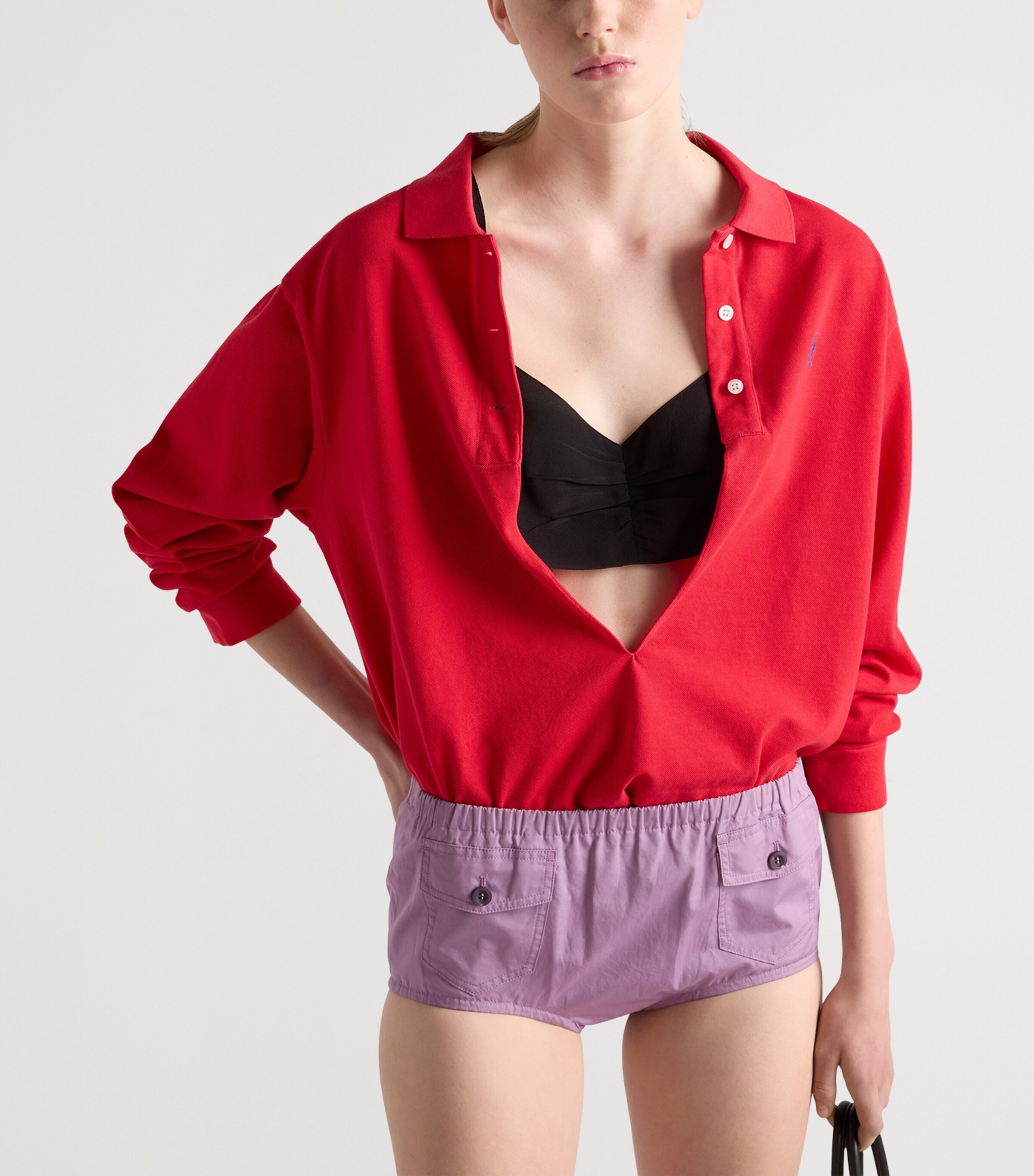 Prada Womens Cotton Piqué Plunge-Neck Polo Shirt Red Image 2