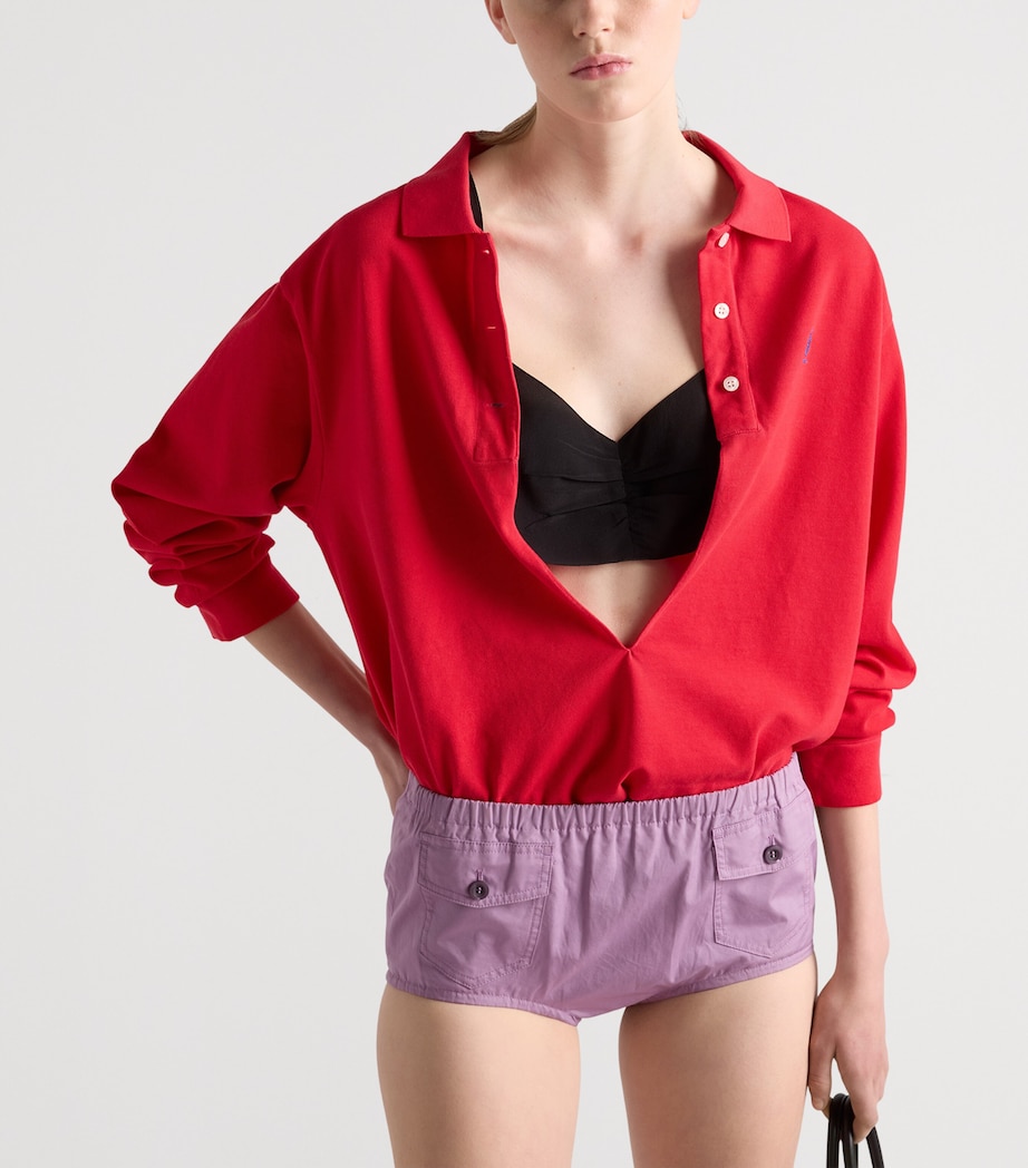 Prada Womens Cotton Piqué Plunge-Neck Polo Shirt Red Image 2