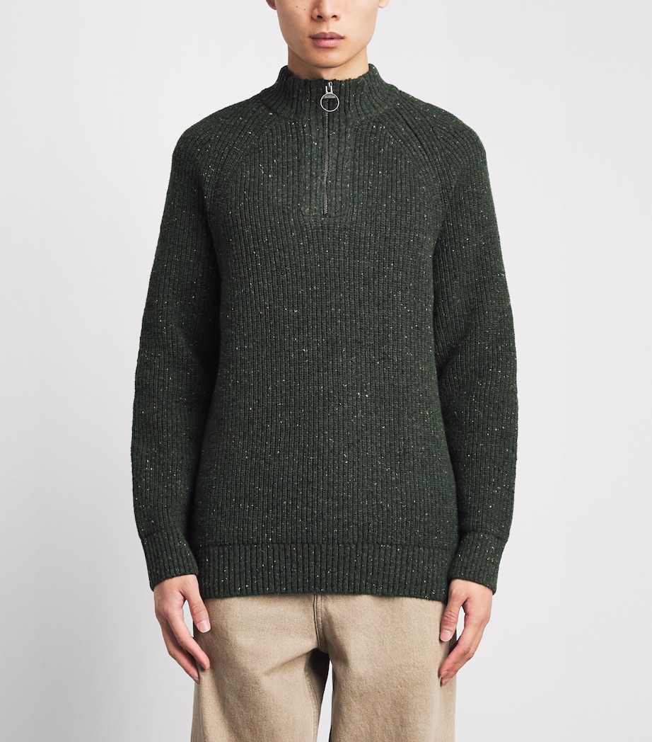 Barbour Mens Wool-Blend Essentials Fleck Quarter-Zip Sweater Olive Image 4